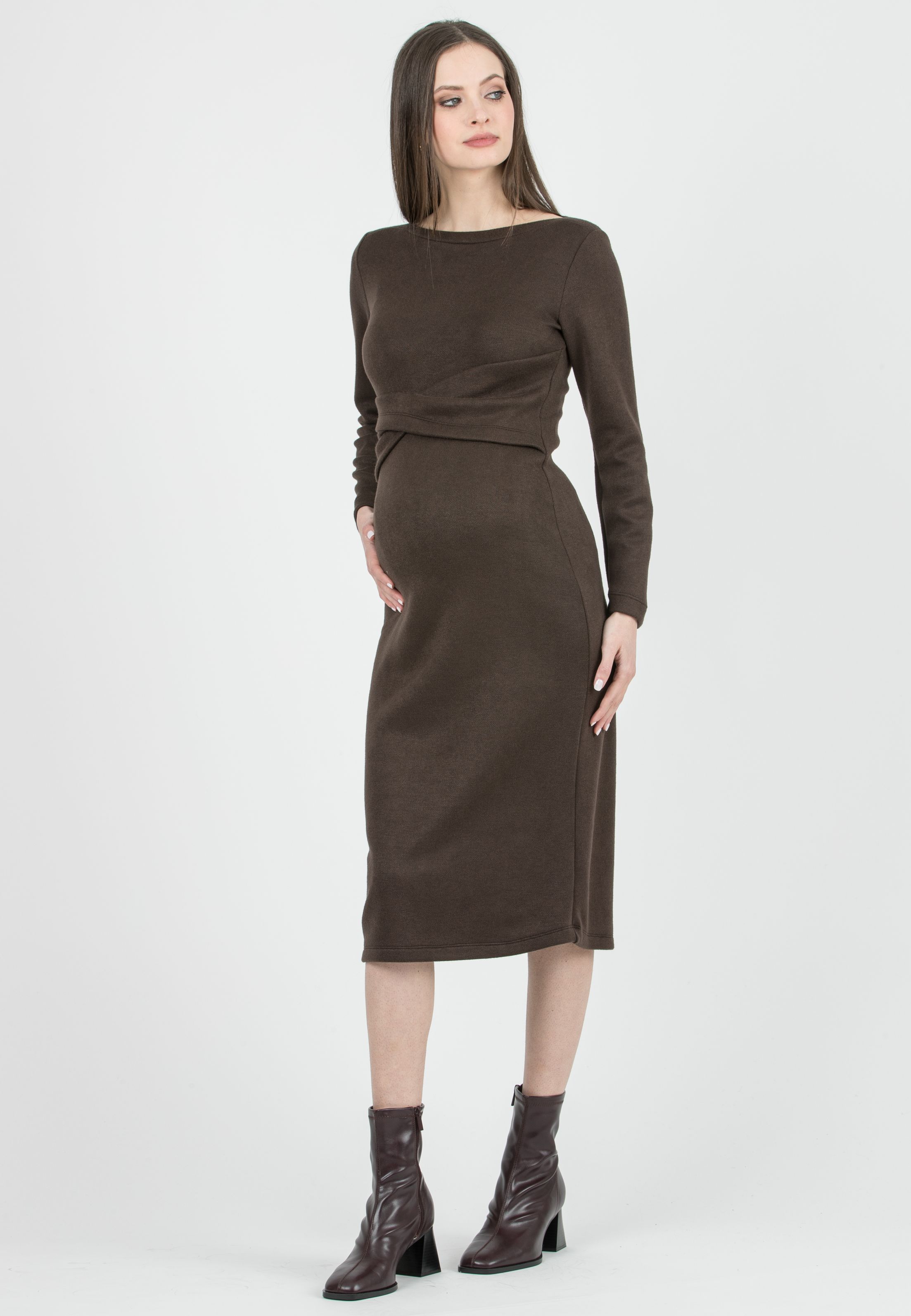 AMELIA - Abito Premaman Longuette in Maglia con Fascia in Vita (Marrone)
