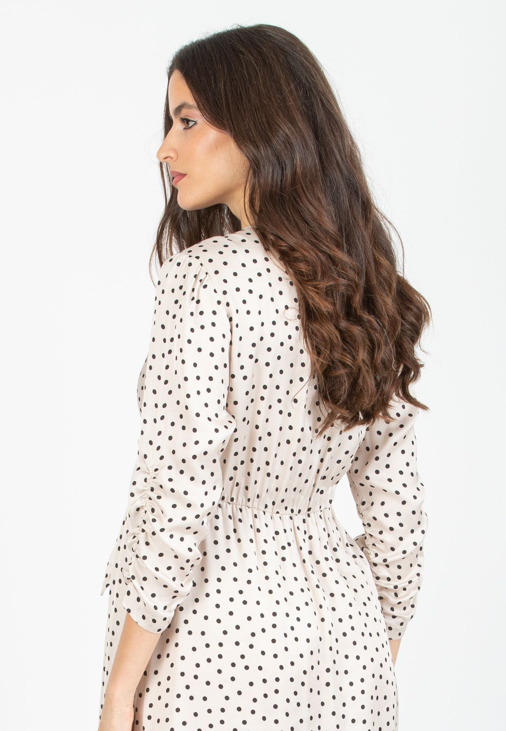 BELEN M/L - Abito Premaman & Allattamento in Viscosa a Pois con Corpino Annodato e Maniche 3/4 (Naturale)