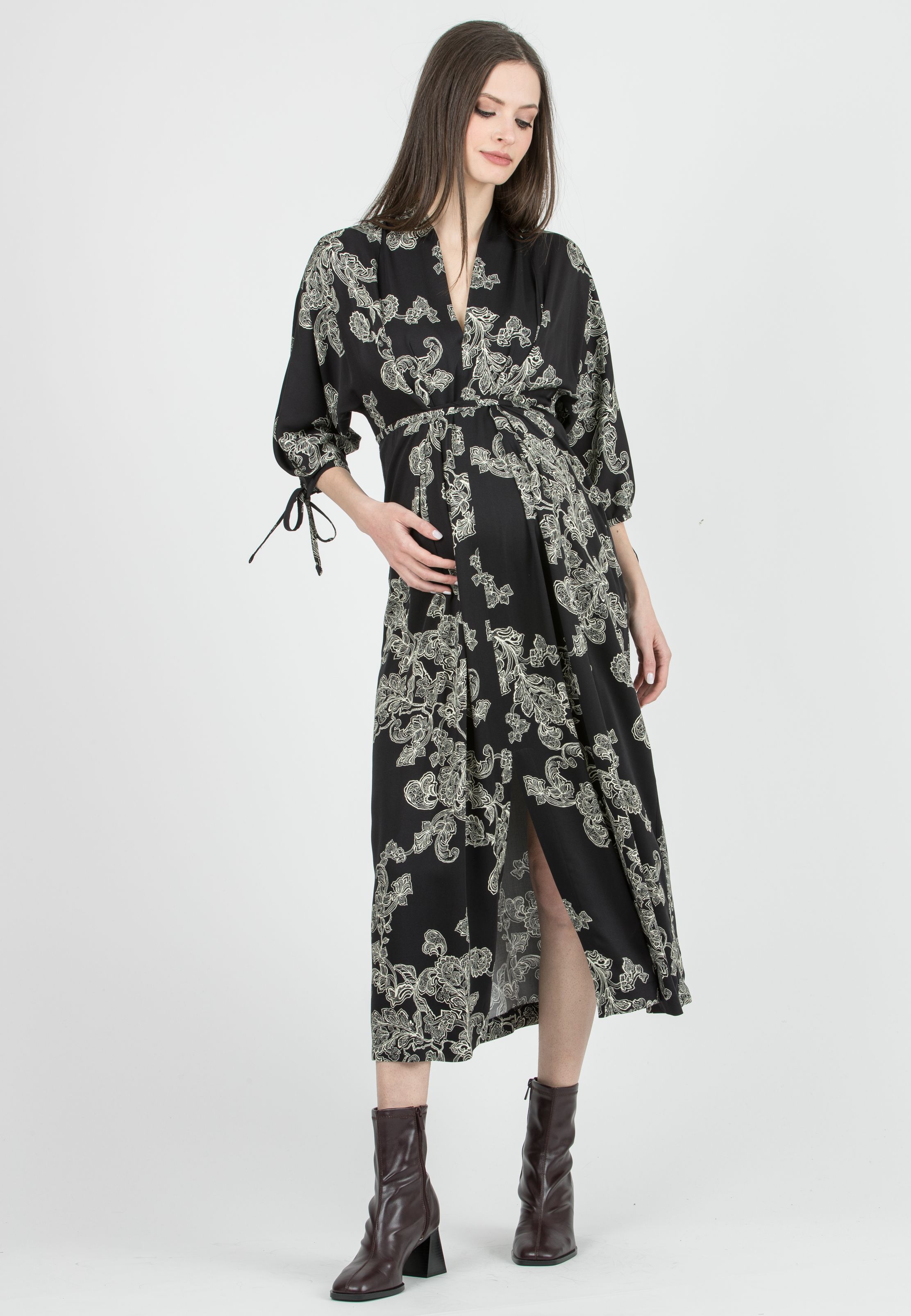 VIOLA - Maternity Kimono Dress in Viscose with Ties (Nero)
