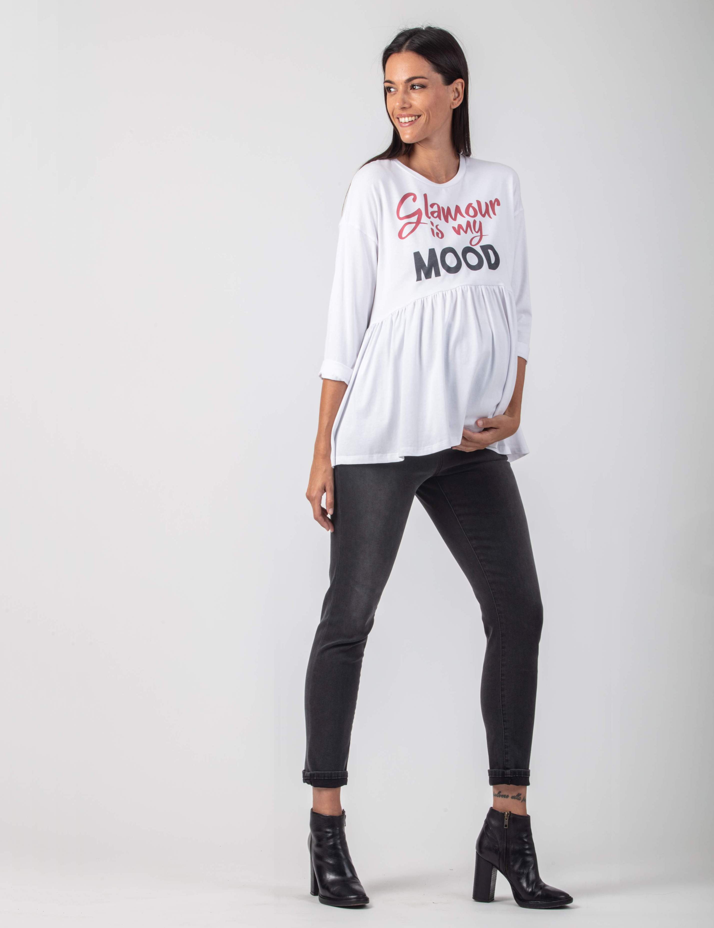T-Shirt Premaman con Stampa e Arricciatura (Bianco, XS)