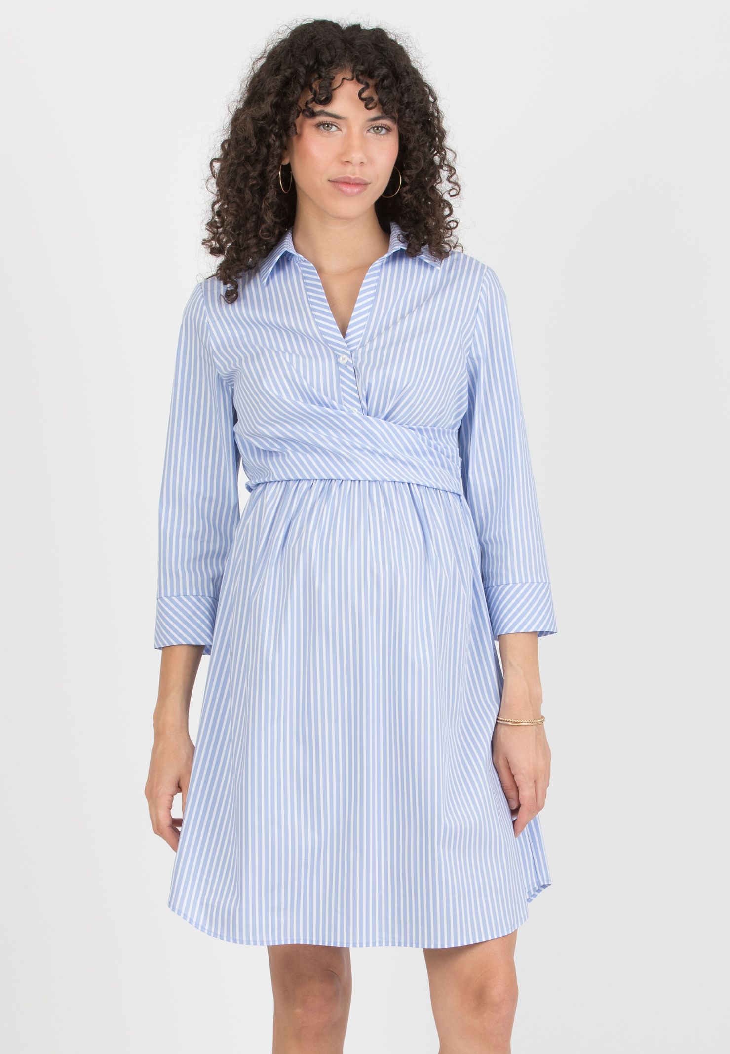 EMANUELA - Abito Premaman & Allattamento in Cotone a Righe con Fascia (Azzurro, XS)