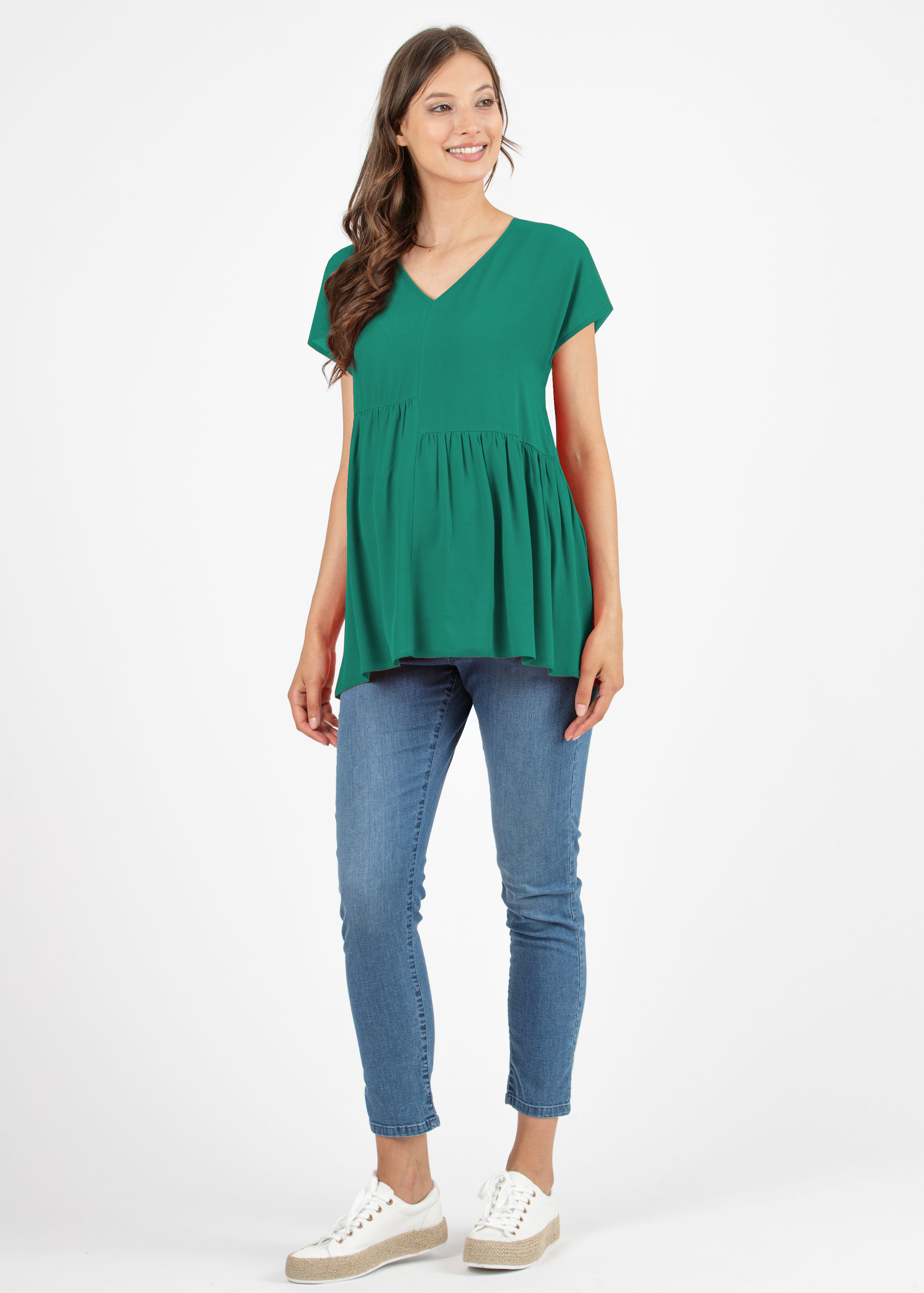 Maternity Blouse in Viscose Cady with Asymmetric Gatherings (Green, XS)