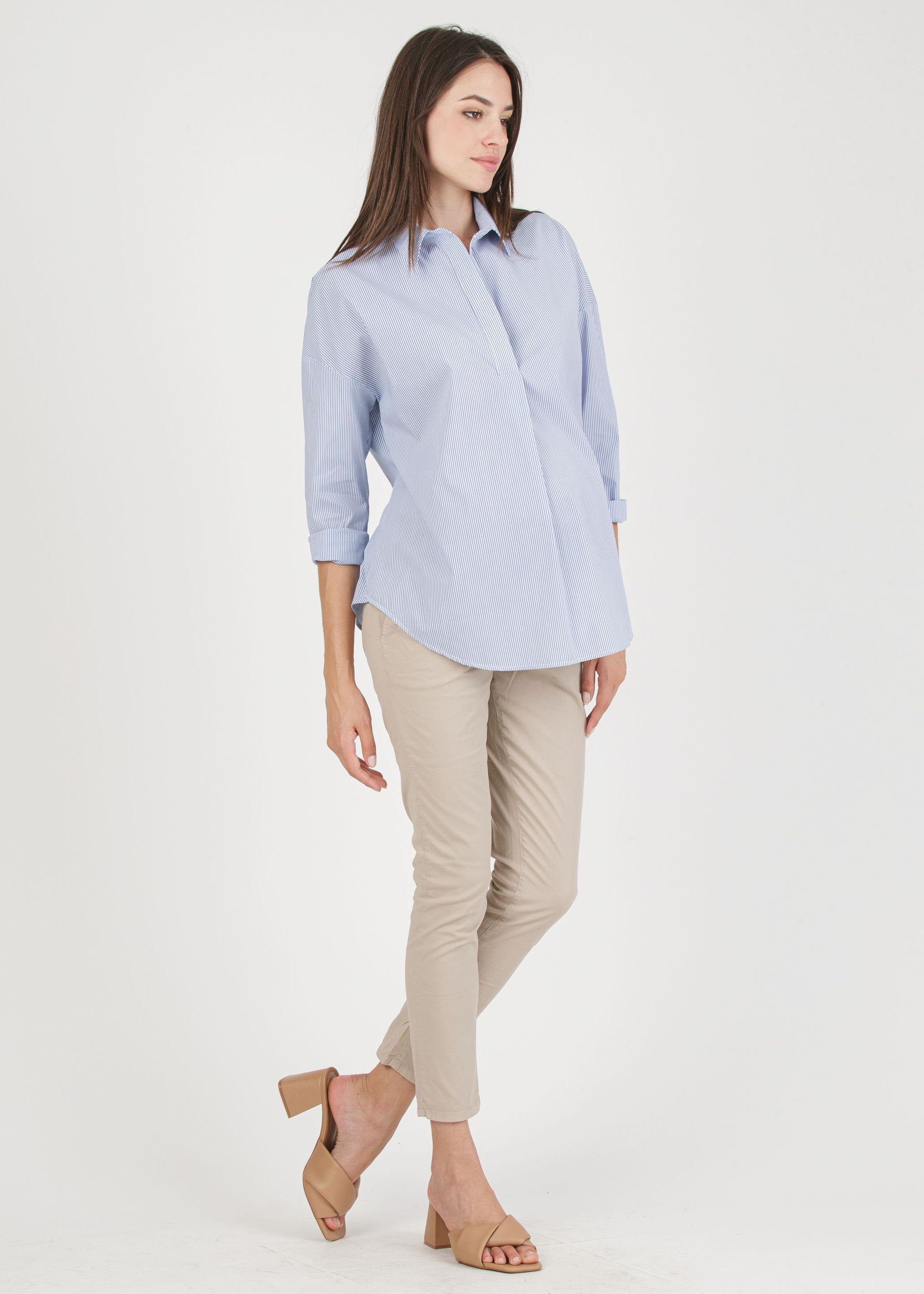 OLIVIA R - Striped Oversized Maternity Shirt in Stretch Cotton Poplin (Blue, XS)