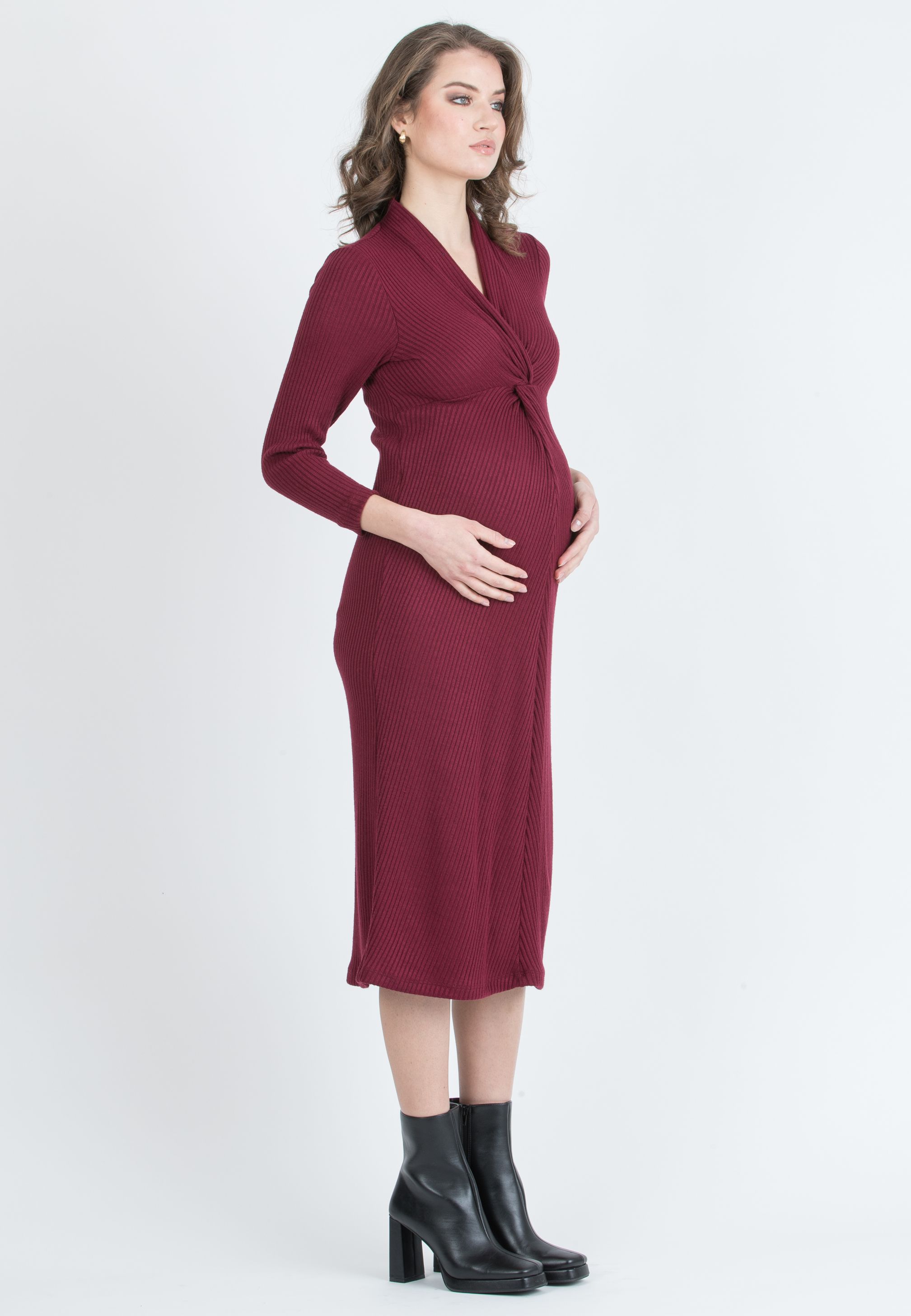ISSA M/L – Abito Premaman & Allattamento in Maglia a Costina con Nodo (Bordeaux)
