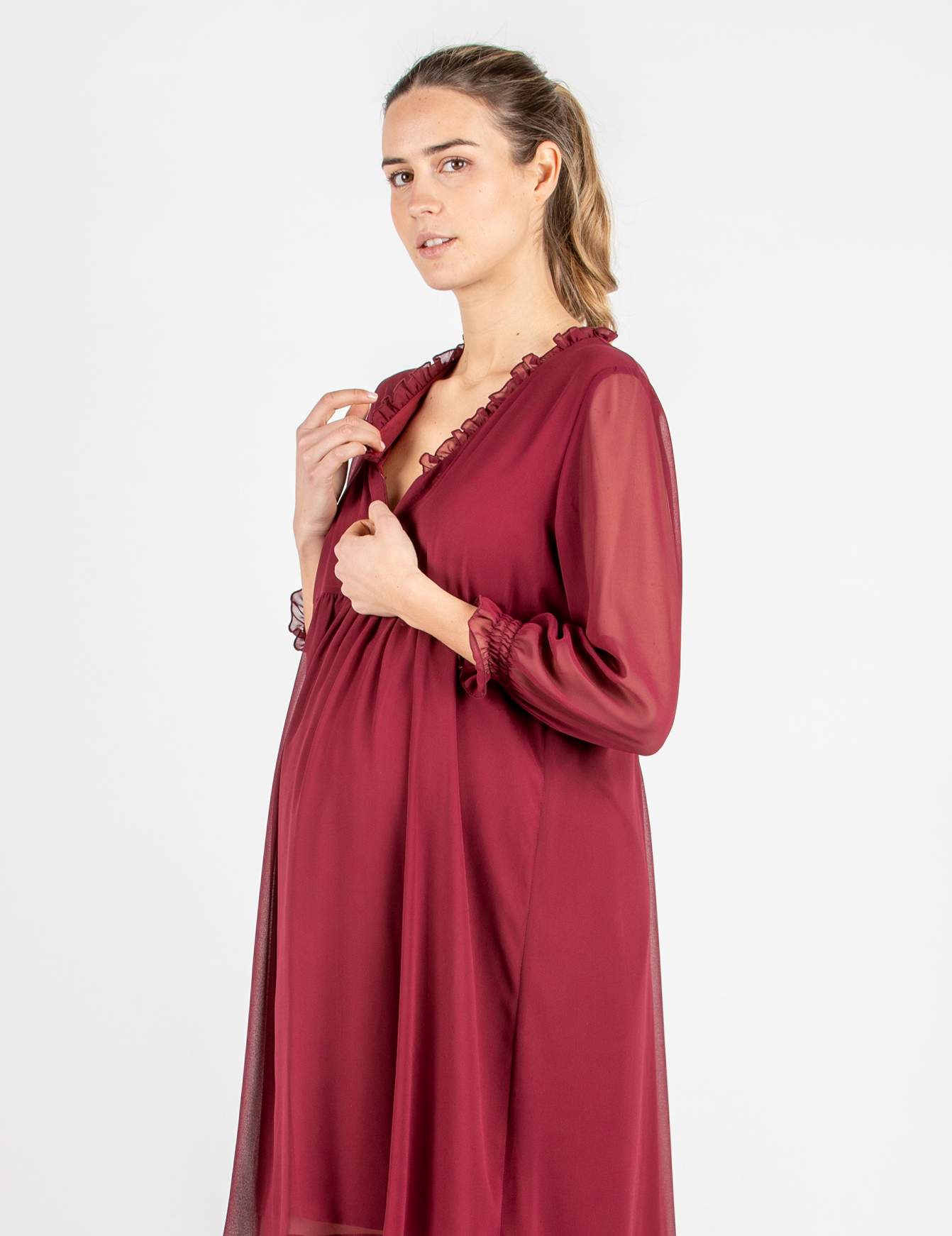 DIANA - Chiffon Maternity & Nursing Dress with Ruffle Trims on the Neck (Plum, XS)