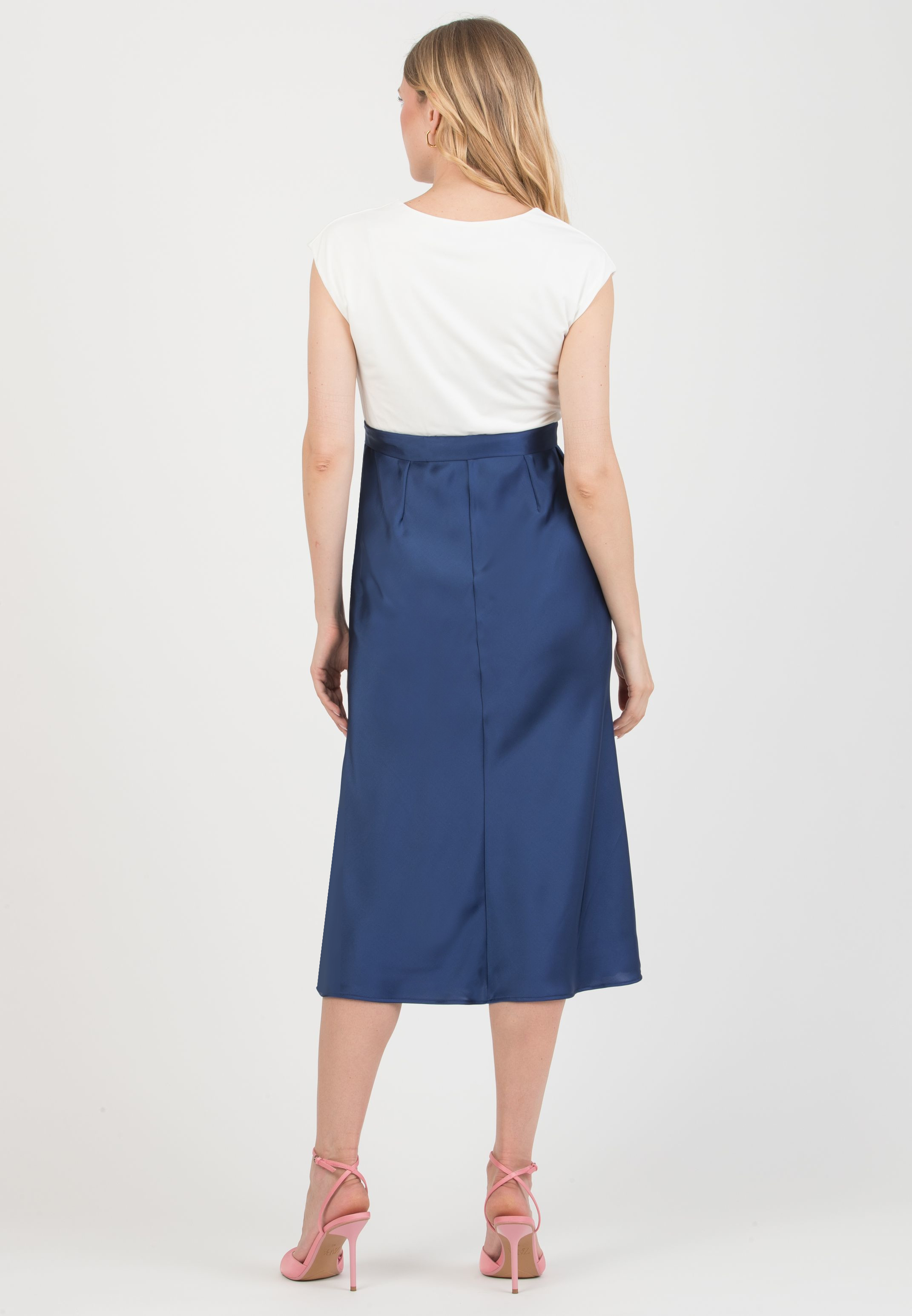DILETTA – Maternity & Nursing Dress with Crossover Bodice and Satin Skirt (Denim)