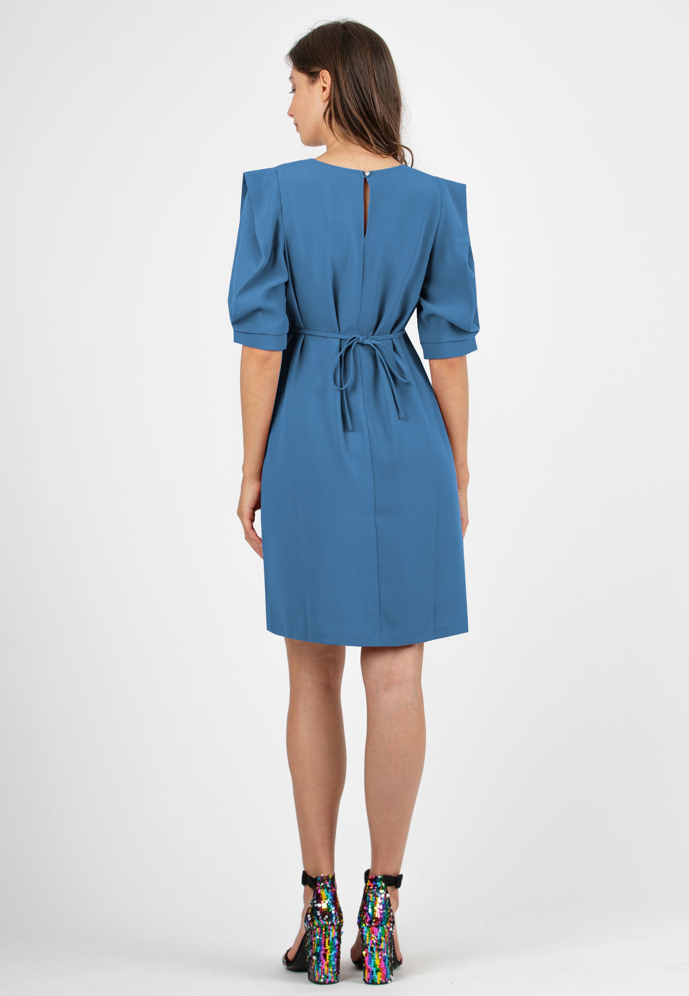 SAMANTHA - Abito Premaman con Maniche a Petalo e Laccetto in Vita (Azzurro, XS)