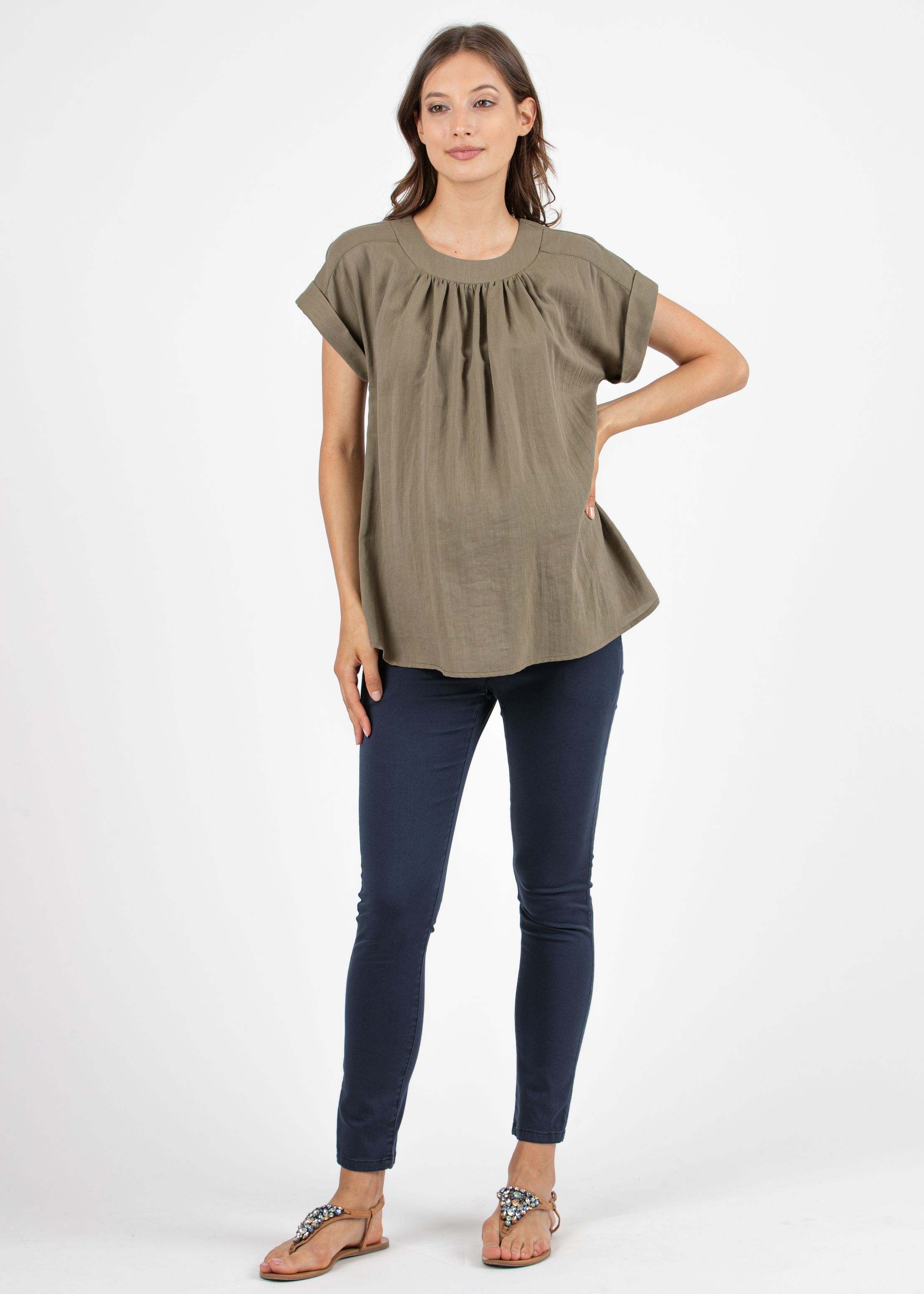 Camicetta Premaman in Tencel con Girocollo Arricciato e Manica con Risvolto (Verde Militare, XS)
