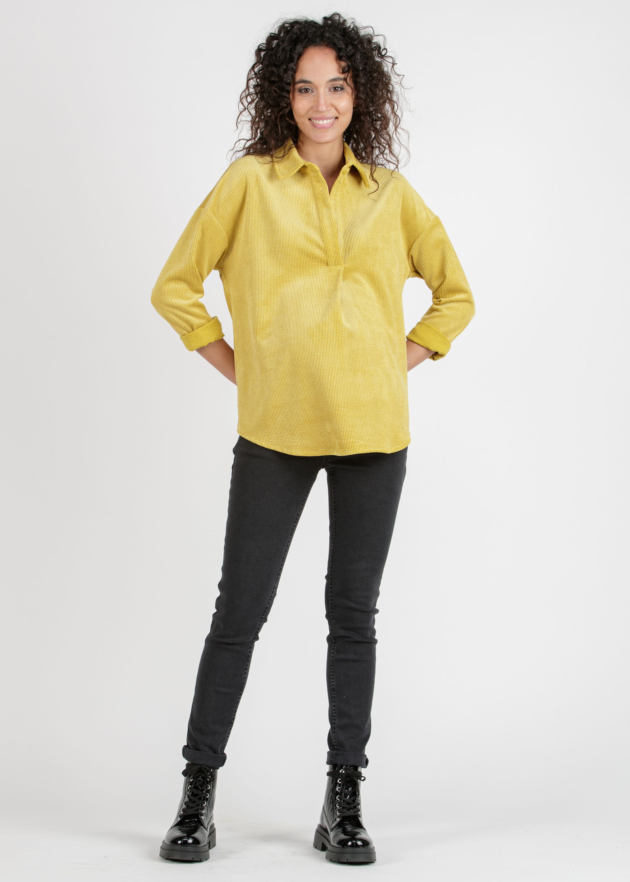 OLIVIA V - Camicia Over Premaman in Velluto a Coste Larghe (Senape)