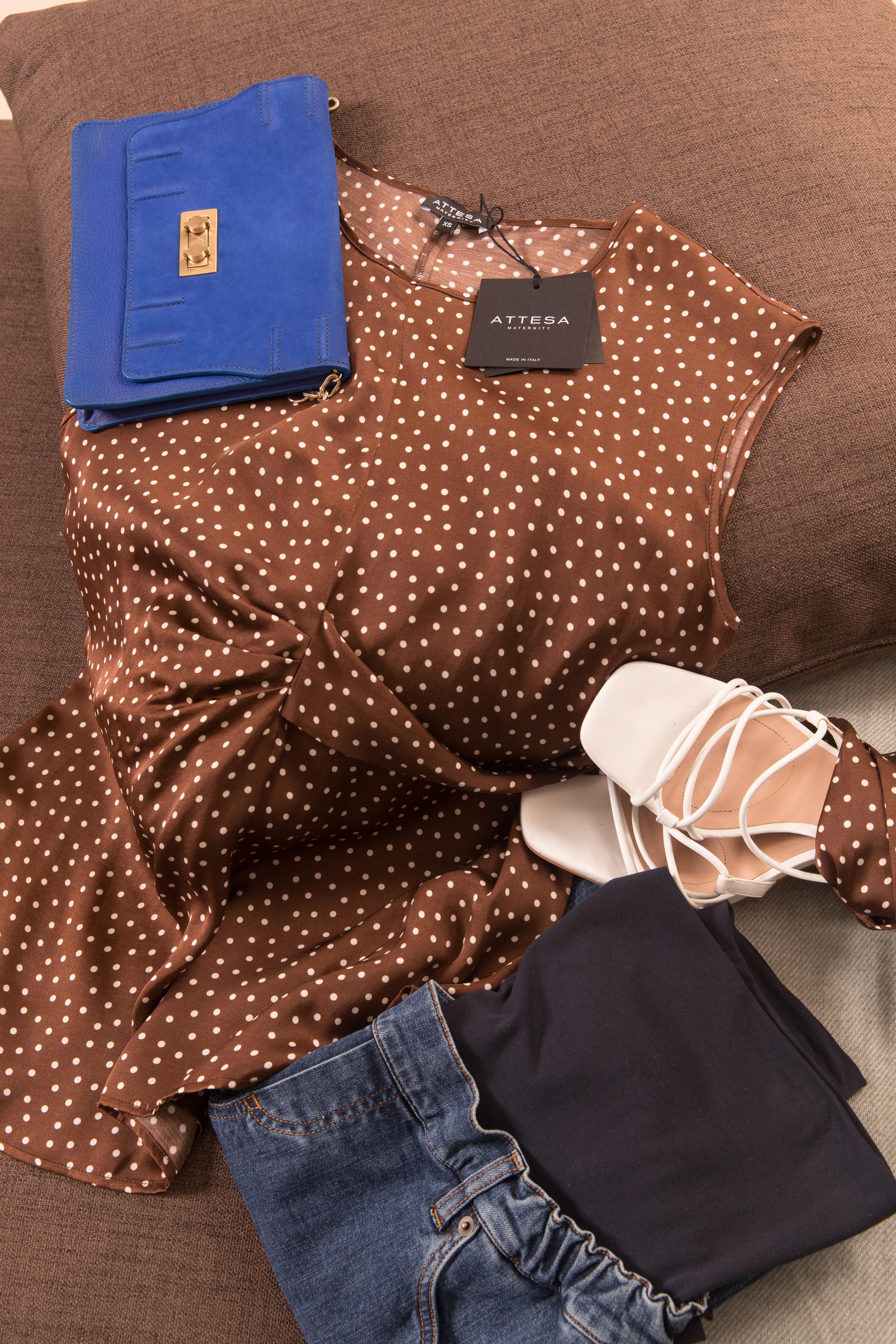 VERONICA M - Maternity Viscose Polka Dot Blouse with Adjustable Tie (Marrone)