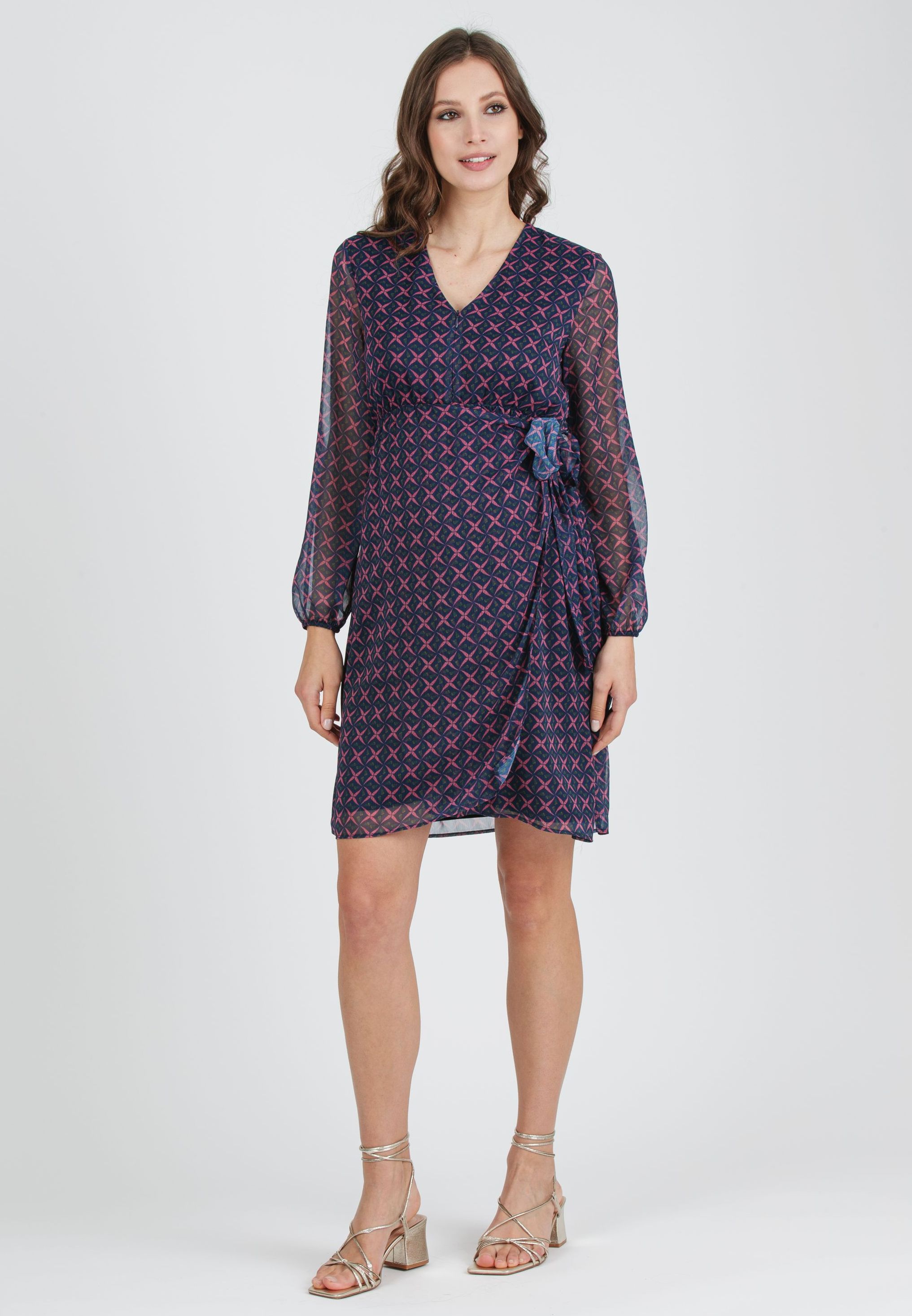 VIVIAN - Printed Chiffon Maternity & Nursing Dress with Draped Crossoover Skirt (Blue, XS)
