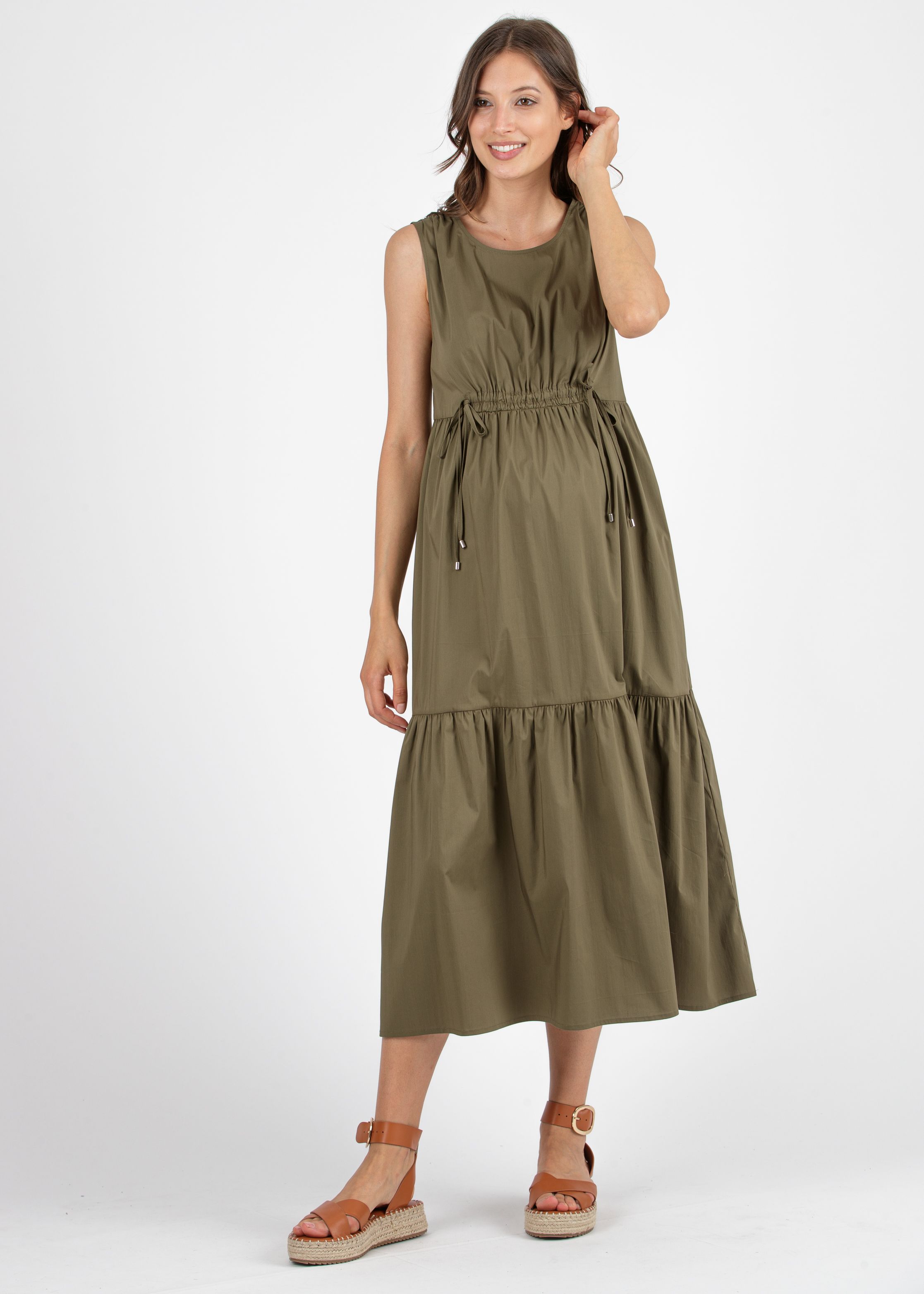 Midi Maternity Dress with Flounces and Front Drawstring (Army Green, XS)