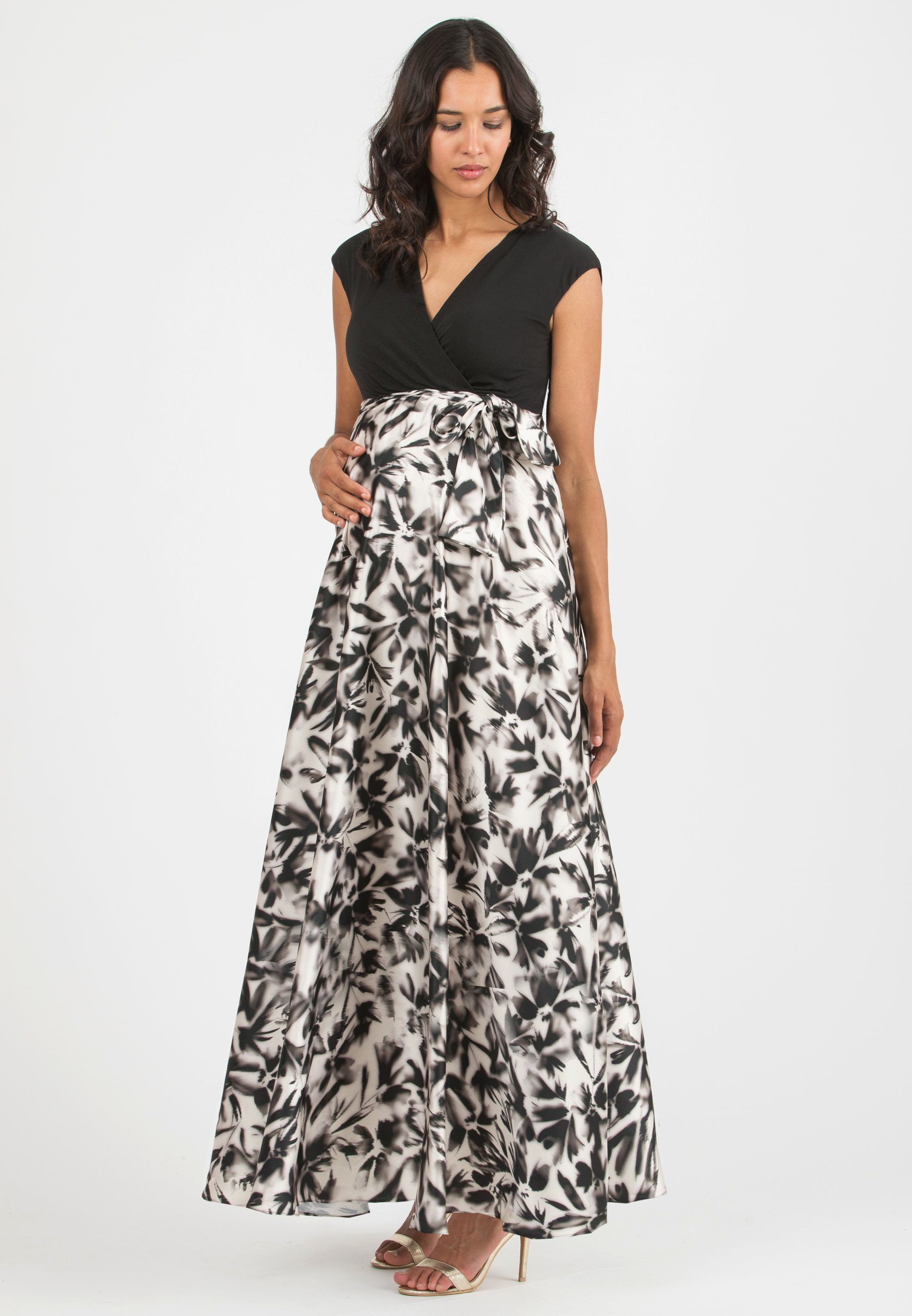 LUCREZIA - Maternity & Nursing Maxi Dress with Satin Skirt (Black, XS)