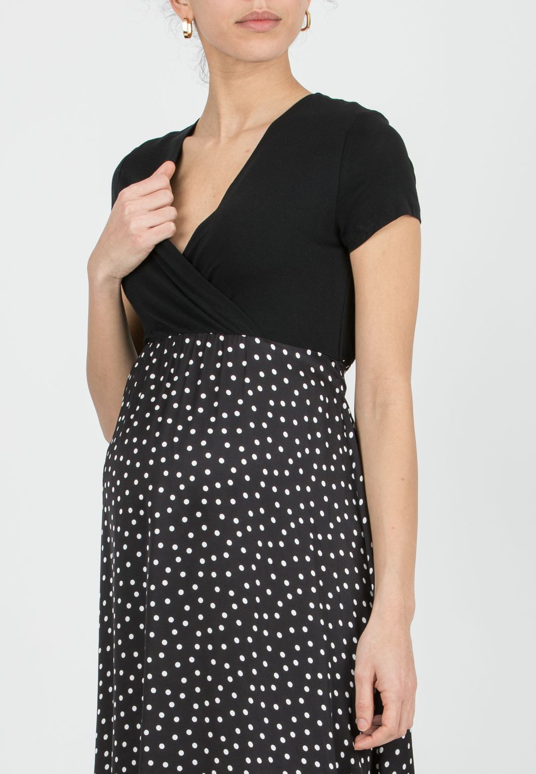 MARTA P - Maternity & Nursing Midi Dress with Polka Dot Skirt and Contrast Hem (Nero)
