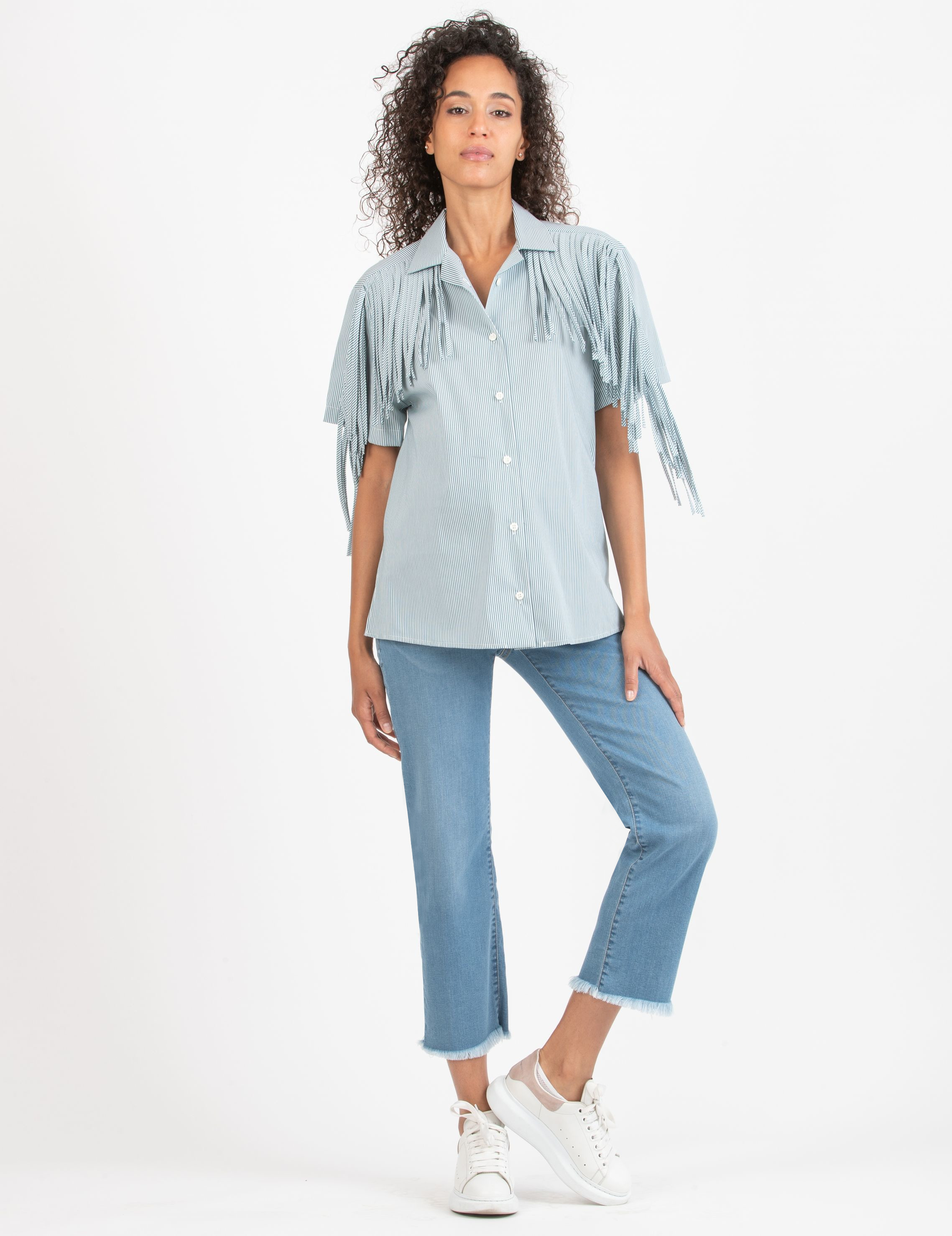 FRANCY - Camicia Premaman & Allattamento in Popeline di Cotone con Frange (Verde, XS)