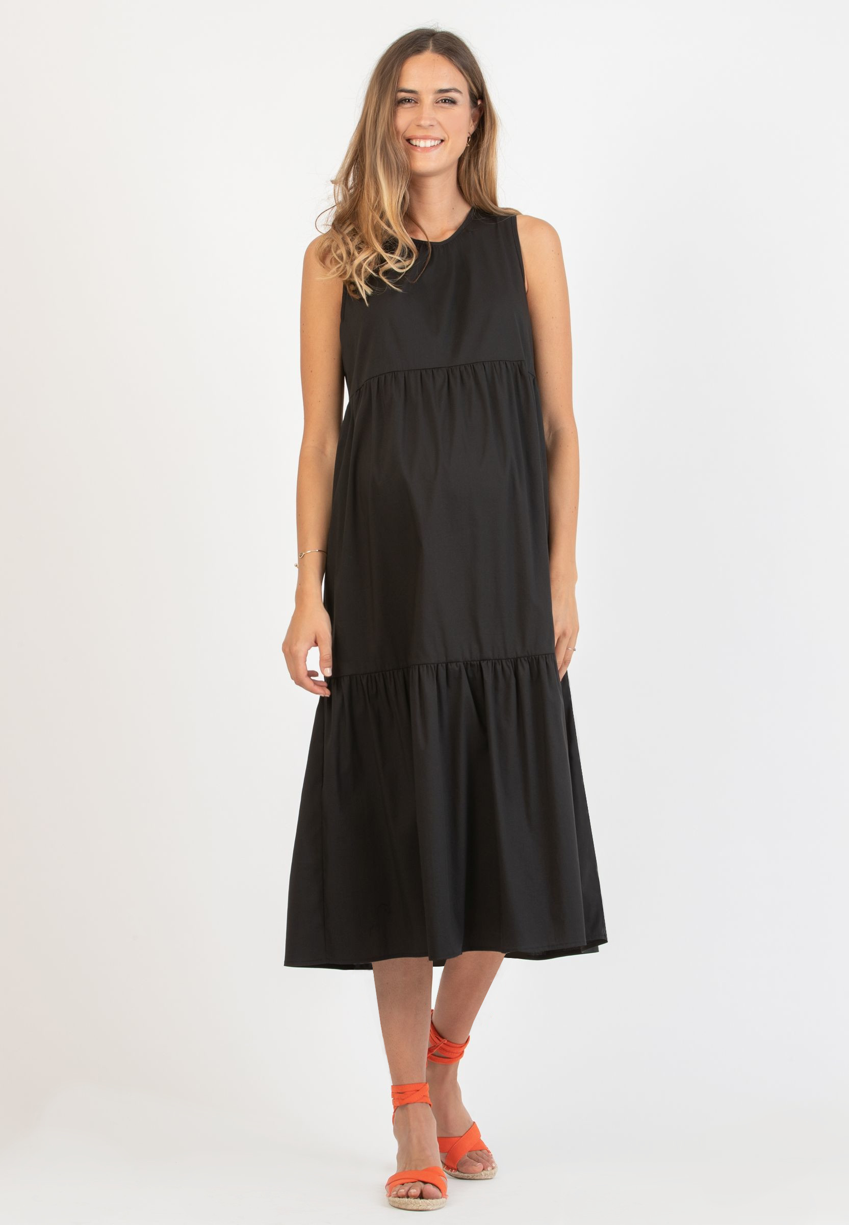 Abito Midi Premaman a Balze con Chiusura a Laccetti (Nero, XS)