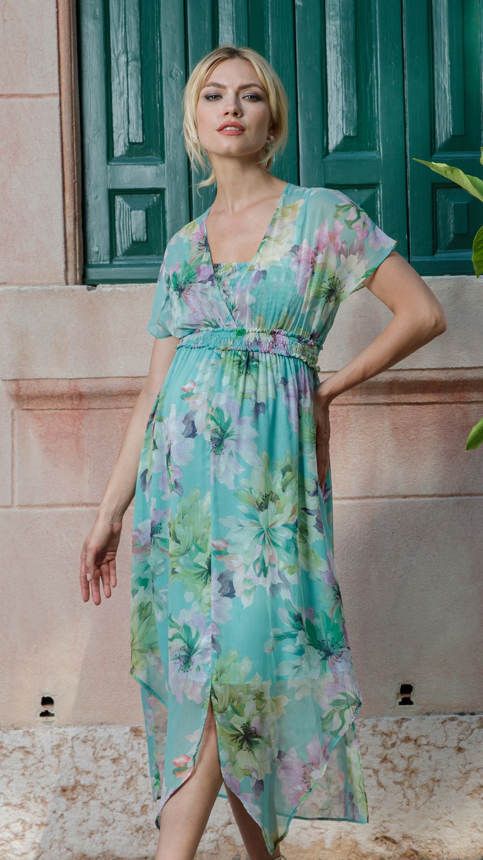 HOLLY - Maternity & Nursing Dress with Crossed Neckline and Asymmetric Hem (Aqua, XS)