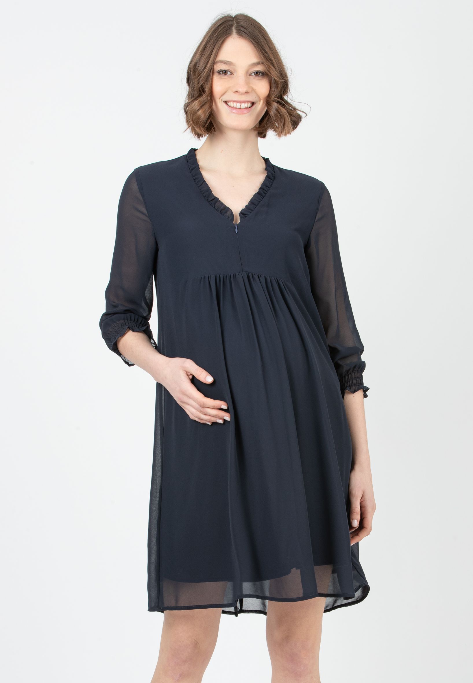 DIANA - Chiffon Maternity & Nursing Dress with Ruffle Trims on the Neck (Dark Blue, XS)