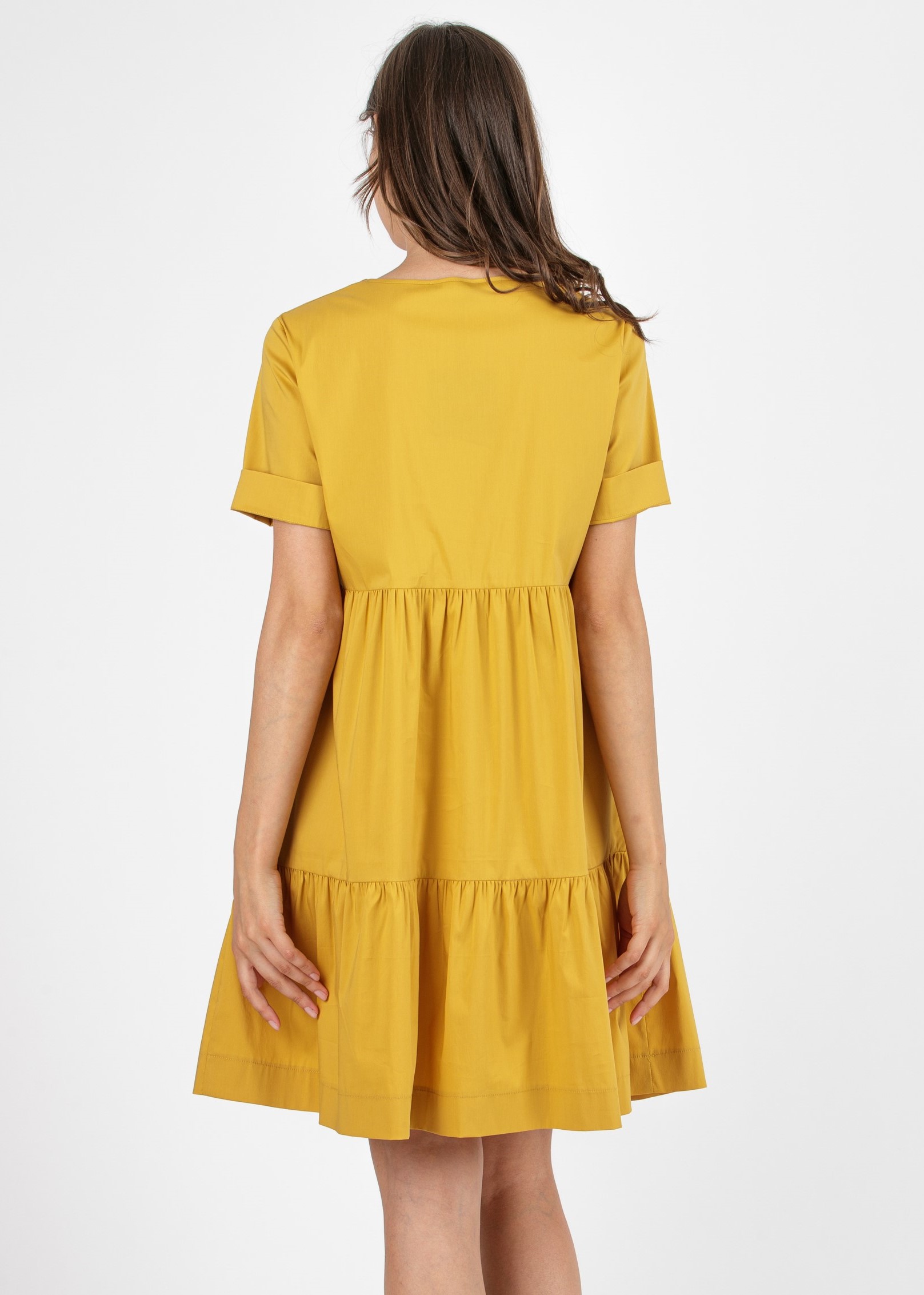 A-line Maternity Dress with Flounce and Important Button (Mustard, XS)