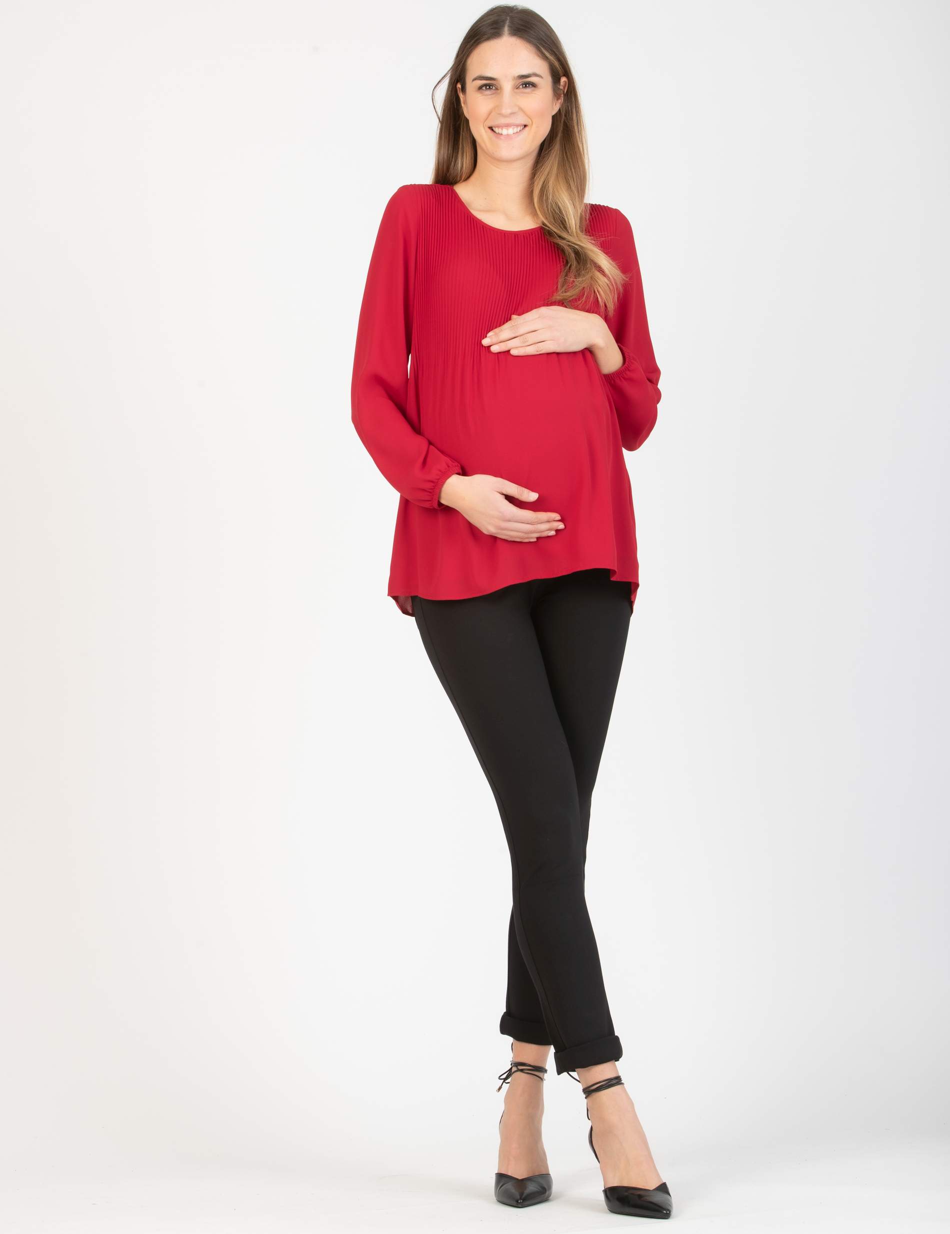 Maternity Blouse in Georgette with Crystal Pleated Bodice (Red, S)