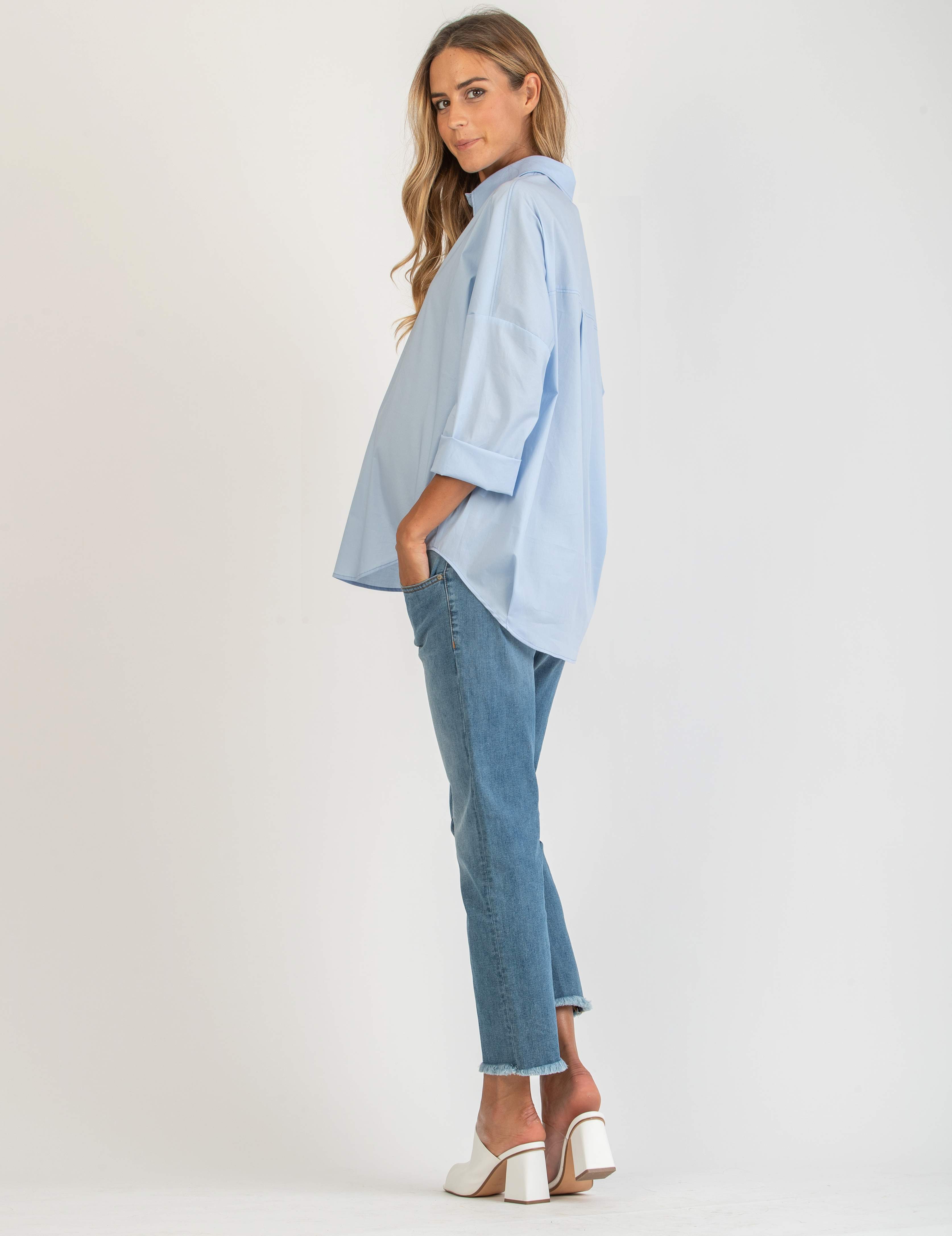 OLIVIA - Oversize Maternity Shirt in Stretch Cotton Poplin (Blue, XS)