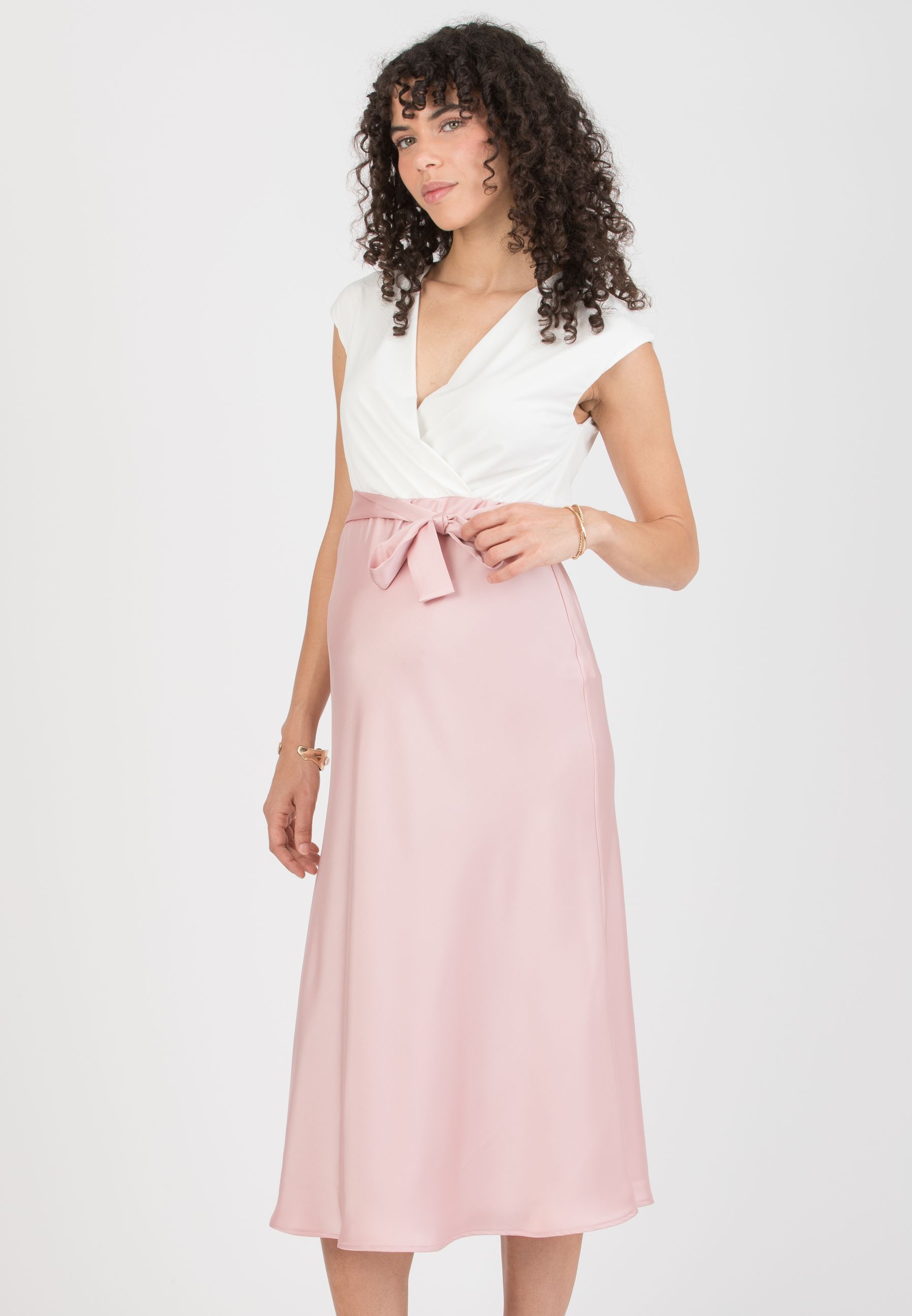 DILETTA – Maternity & Nursing Dress with Crossover Bodice and Satin Skirt (Cipria)