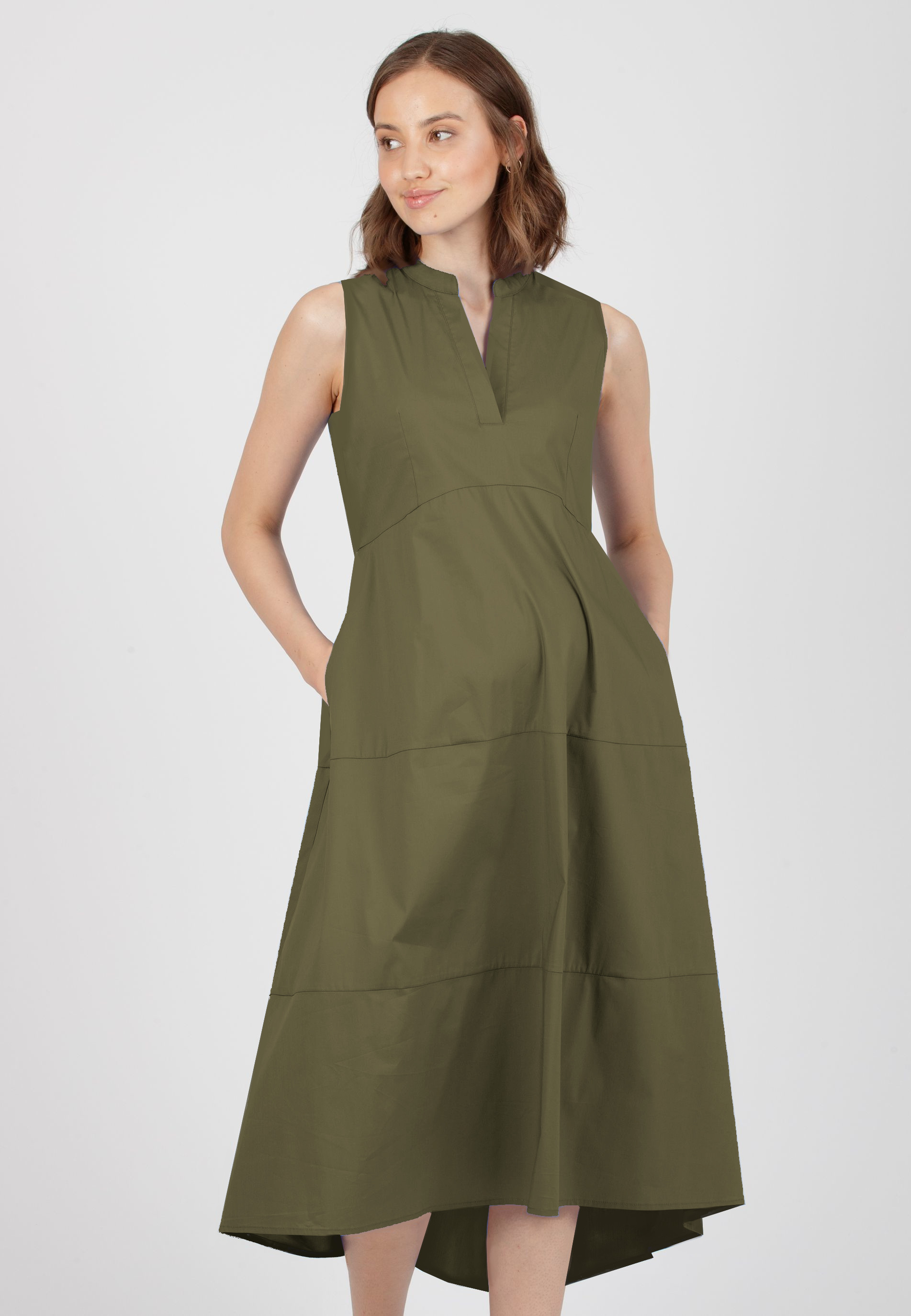 FLORENCE MIDI - Abito Premaman Midi in Cotone Stretch con Gonna Svasata (Verde Militare, XXS)