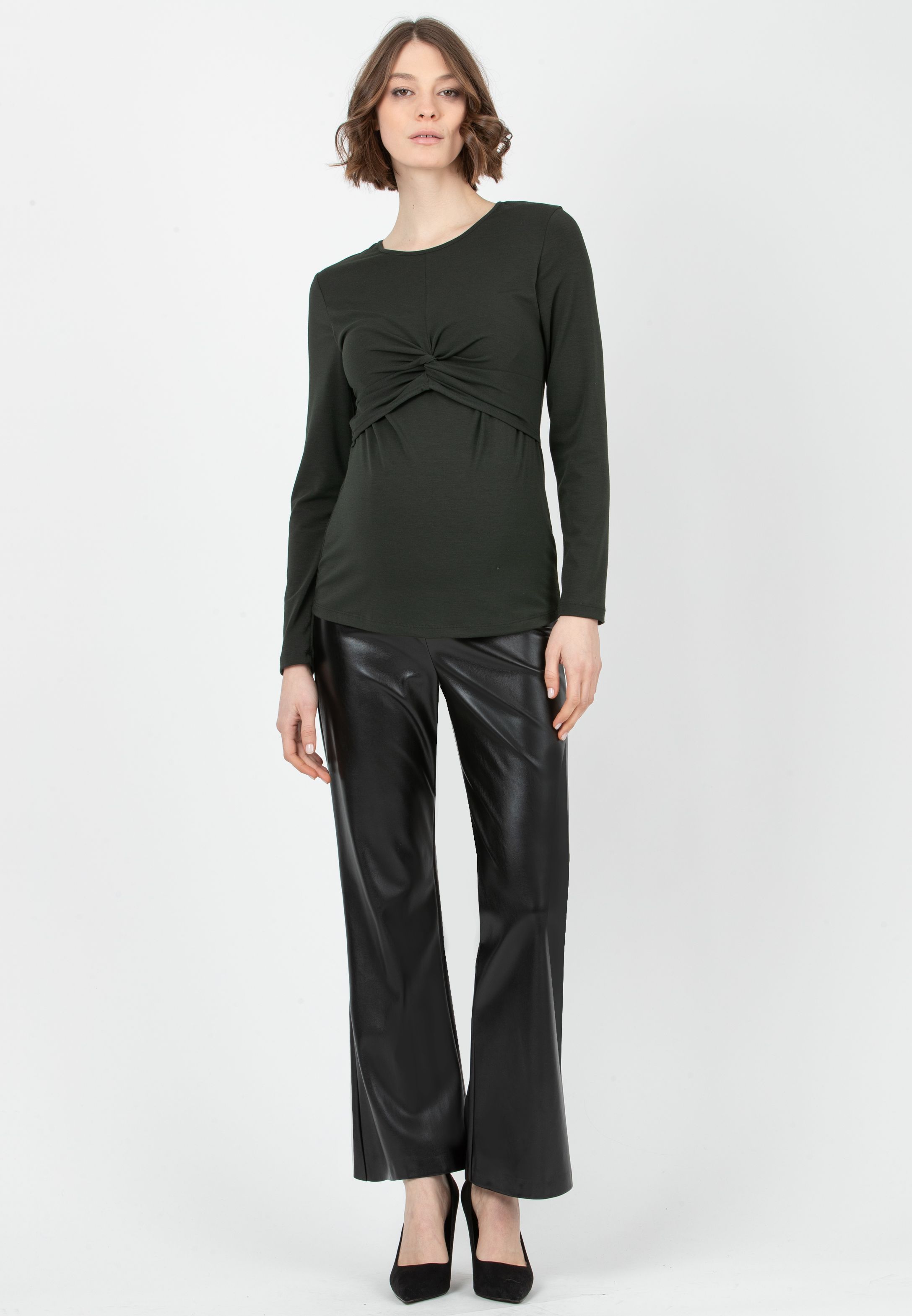 RAMONA P - Maternity Flared Trousers in Faux Leather (Black, XS)