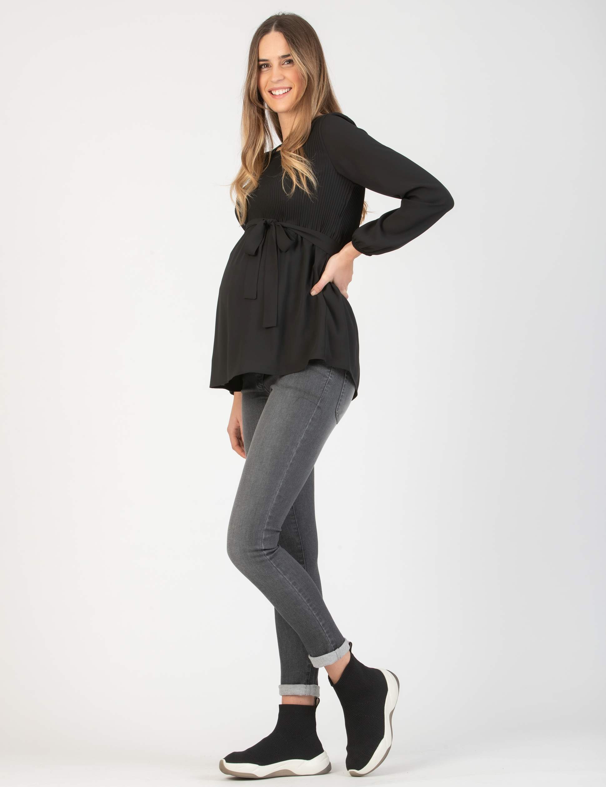 Camicetta Premaman in Georgette con Corpino in Kristal Plissé (Nero, XS)