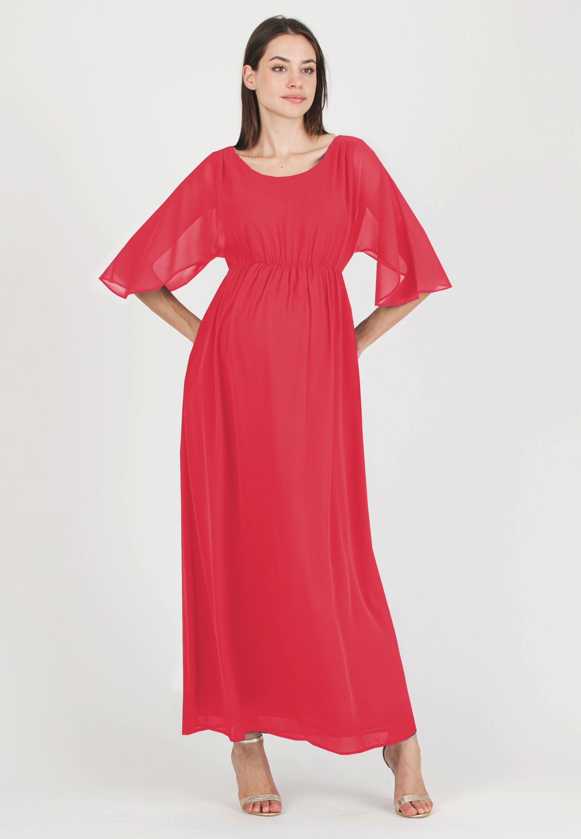 VALENTINA - Abito Lungo Premaman a Kimono con Scollo sul Retro (Rosso, XS)