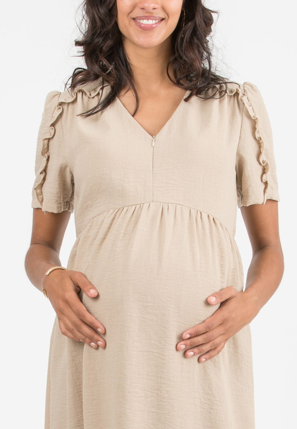 MERYL - Maternity & Nursing Dress with Ruffle Sleeves (Beige, XS)