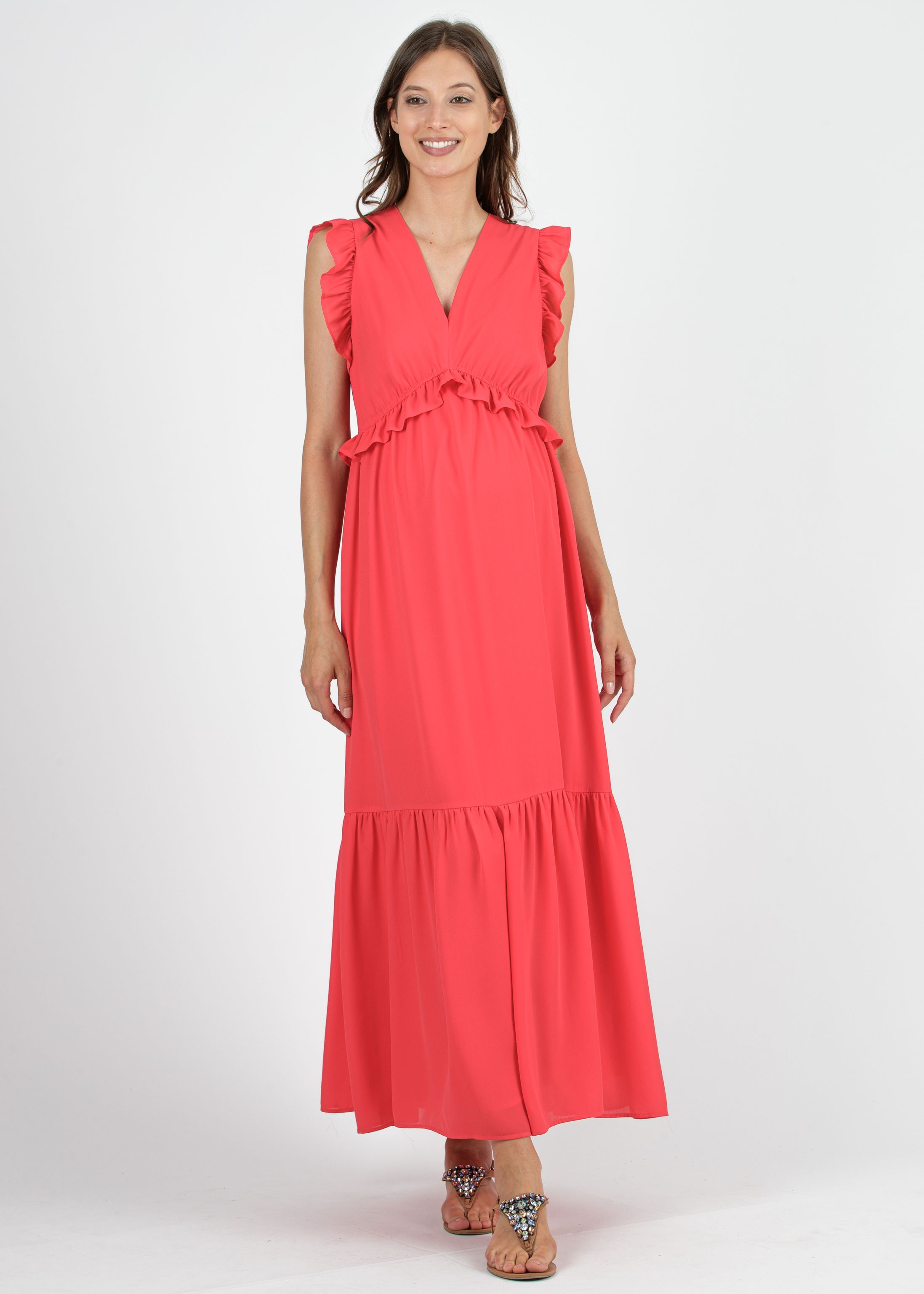 Abito Lungo Premaman in Chiffon con Volant e Balze (Corallo, XS)