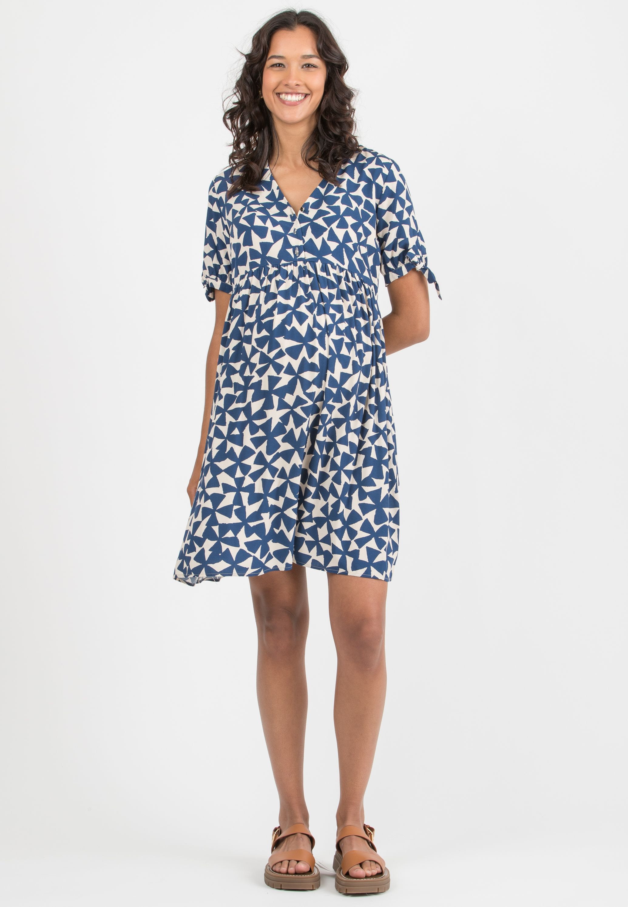 CHLOE - Maternity & Nursing Viscose Dress with Bows on Sleeves (Blue, XS)