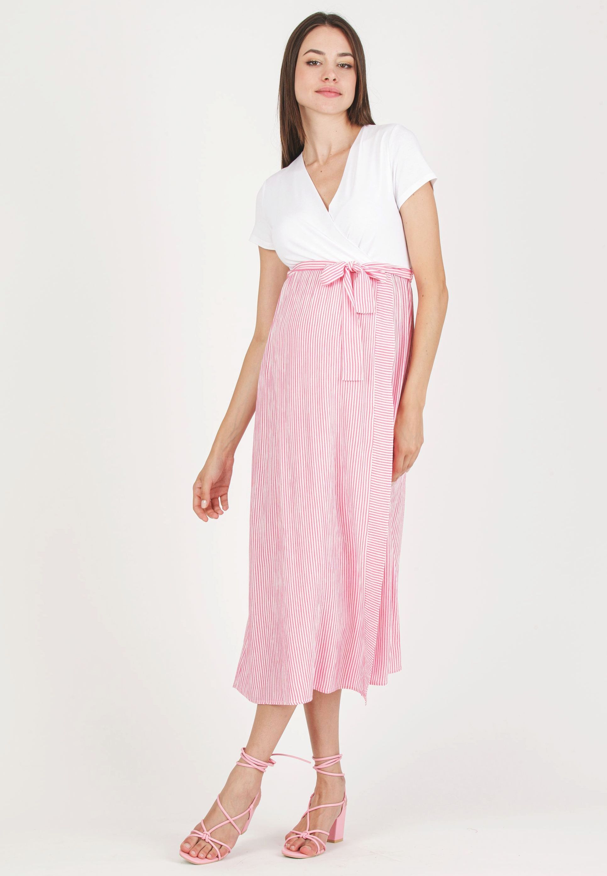 FEDERICA R - Abito Premaman & Allattamento con Corpino Incrociato e Gonna a Righe (Fuxia, XS)