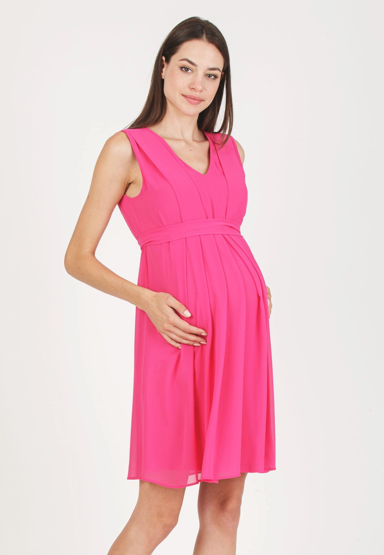 SABRINA - Maternity & Nursing Dress in Chiffon with Pleated Bodice (Fuchsia, XS)