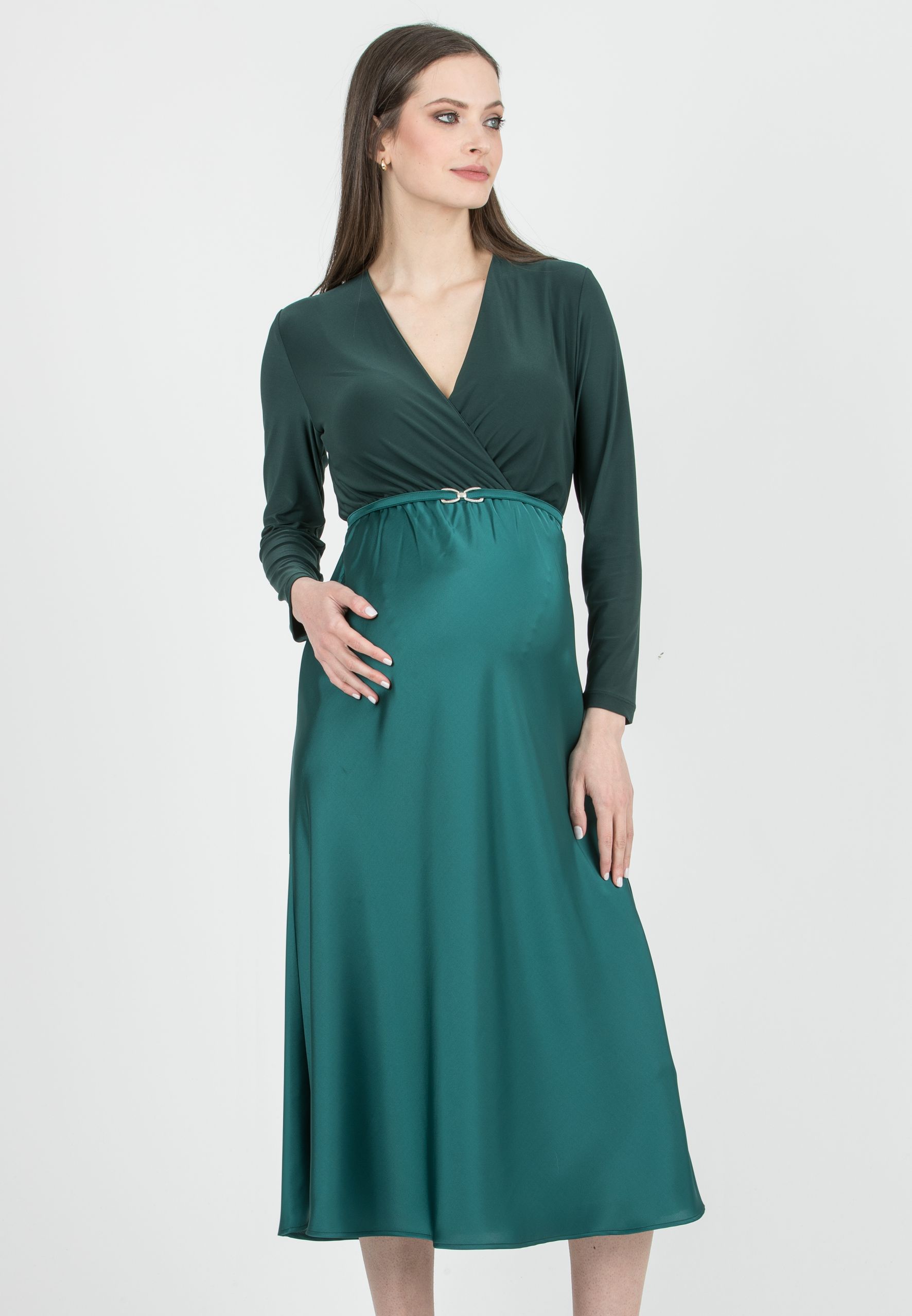 DILETTA M/L - Maternity & Nursing Dress with Crossover Bodice and Satin Skirt (Smeraldo)