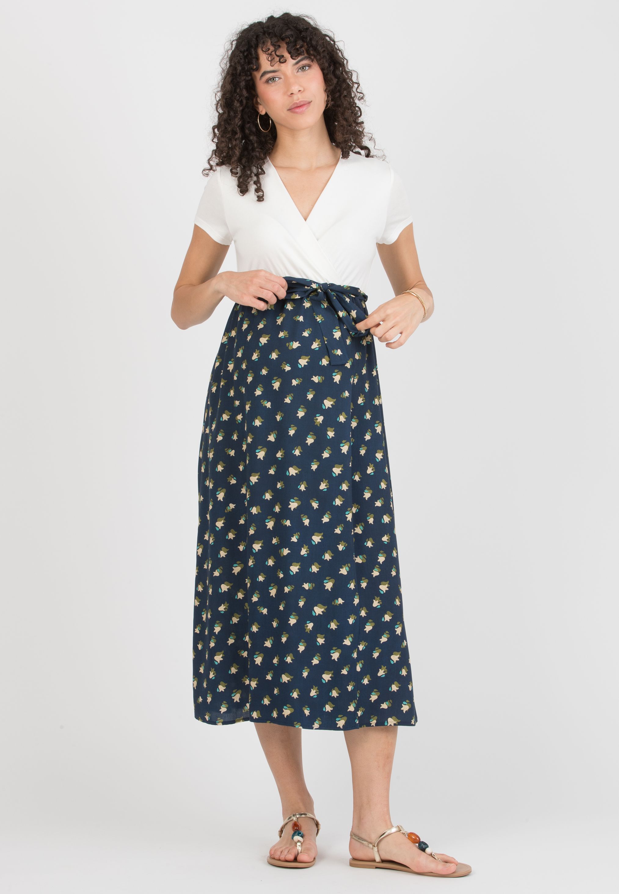FEDERICA - Maternity Midi Dress with Crossed Neckline and Viscose Wrapped Skirt (Blu)