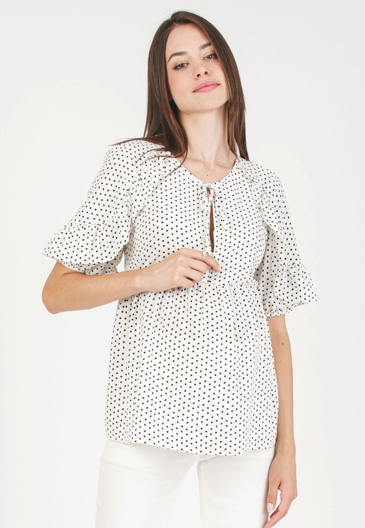 TINA M - Casacca premaman & Allattamento a Pois con Volant (Bianco Ottico, XS)