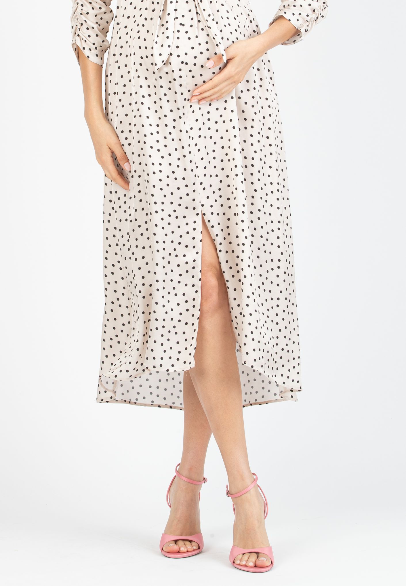 BELEN M/L - Abito Premaman & Allattamento in Viscosa a Pois con Corpino Annodato e Maniche 3/4 (Naturale)