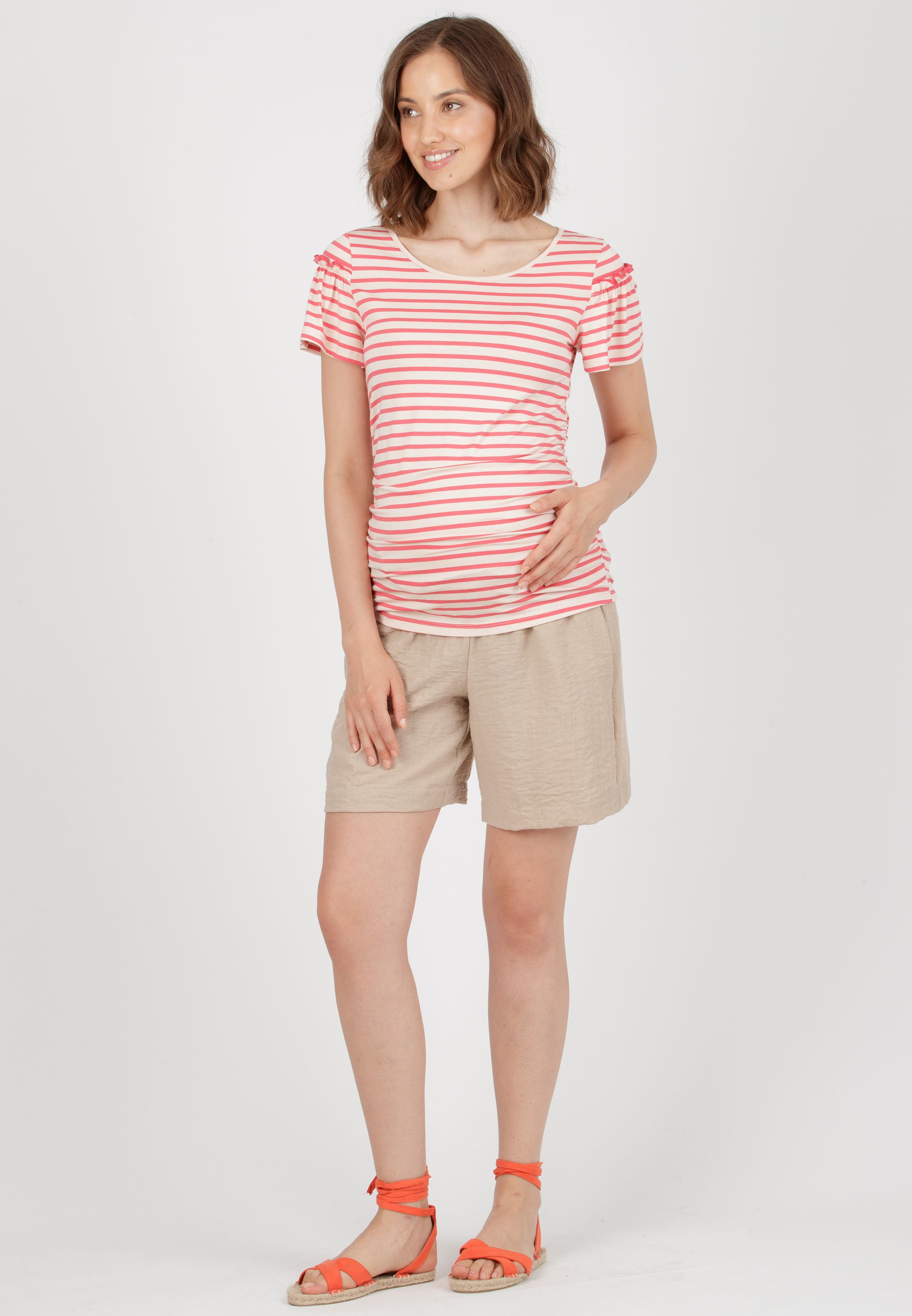 SIBILLA - Linen Effect Maternity Shorts with Elastic (Beige, XS)