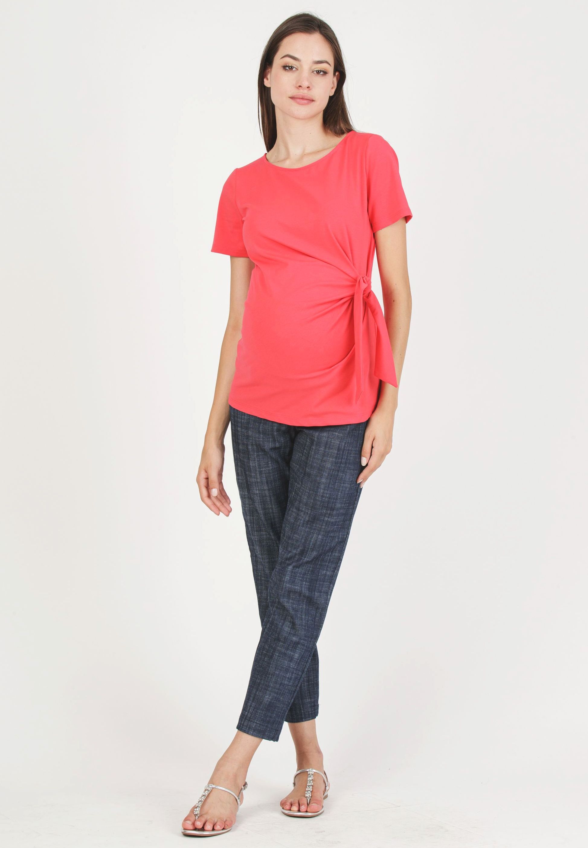 KAREN M - T-Shirt Premaman in Jersey di Cotone con Nodo Laterale (Corallo, XS)