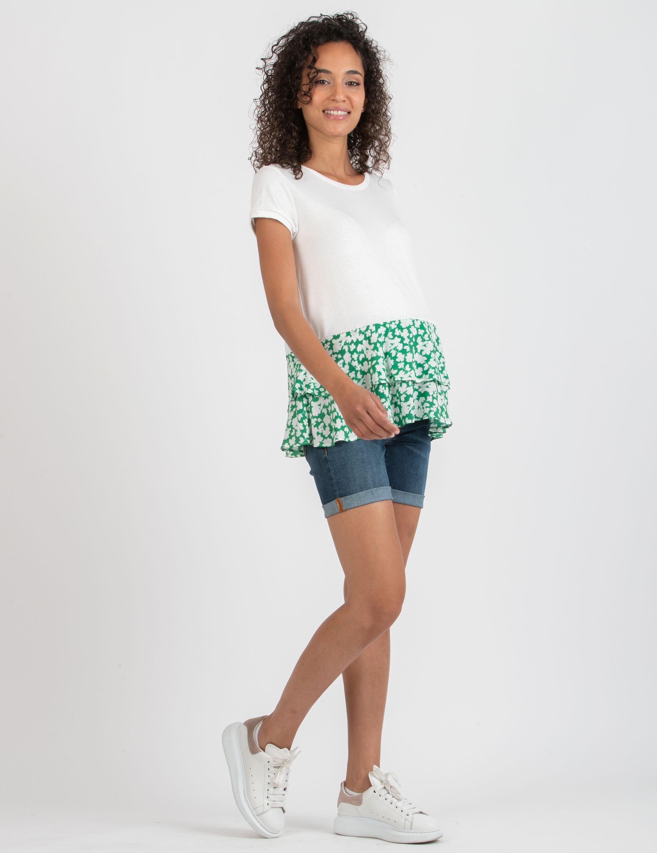 Maglietta Premaman con Volant in Fantasia Floreale Verde (Verde, XS)