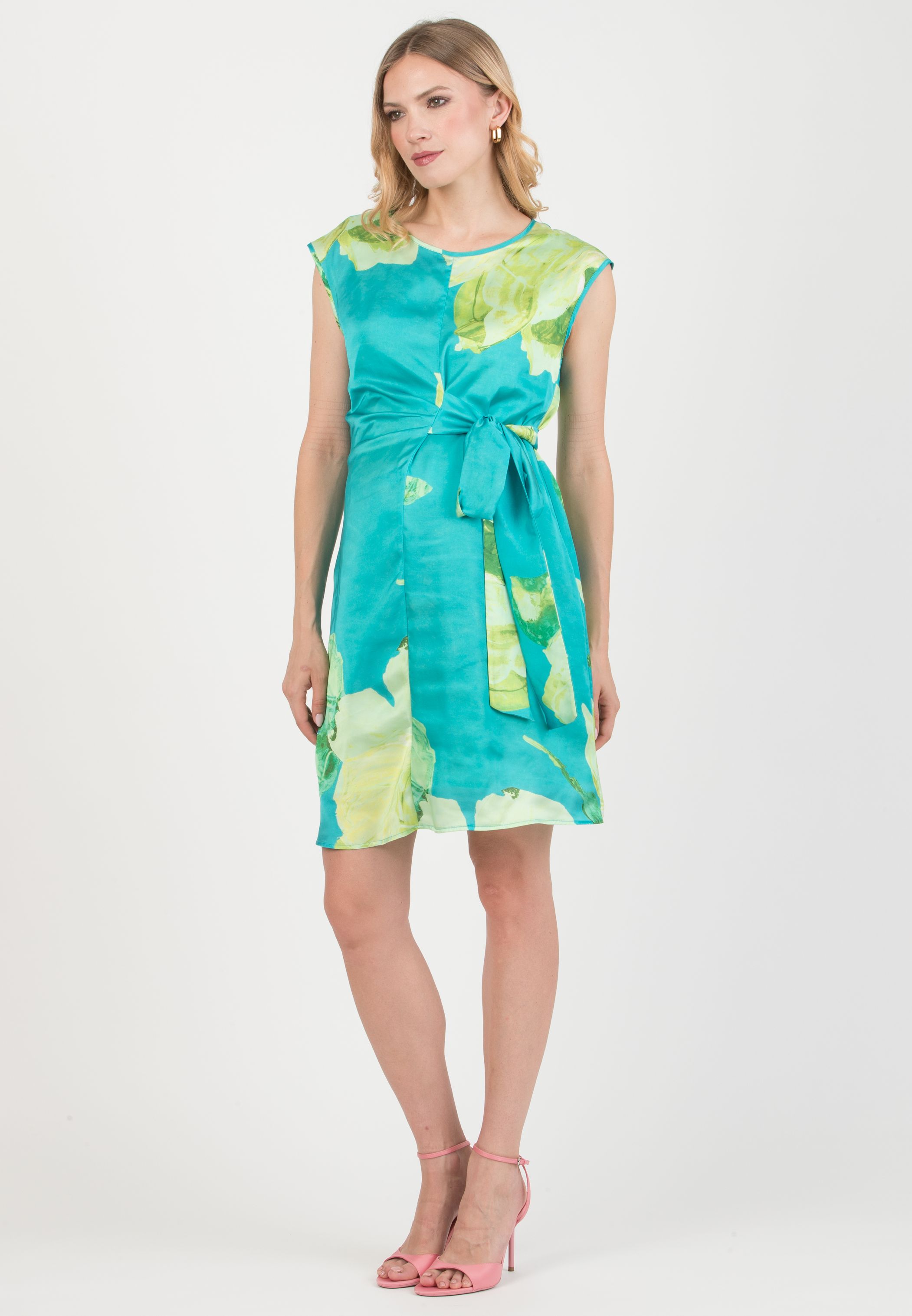 VERONICA - Maternity Satin Floreal Dress with Adjustable Tie (Turquoise, XS)