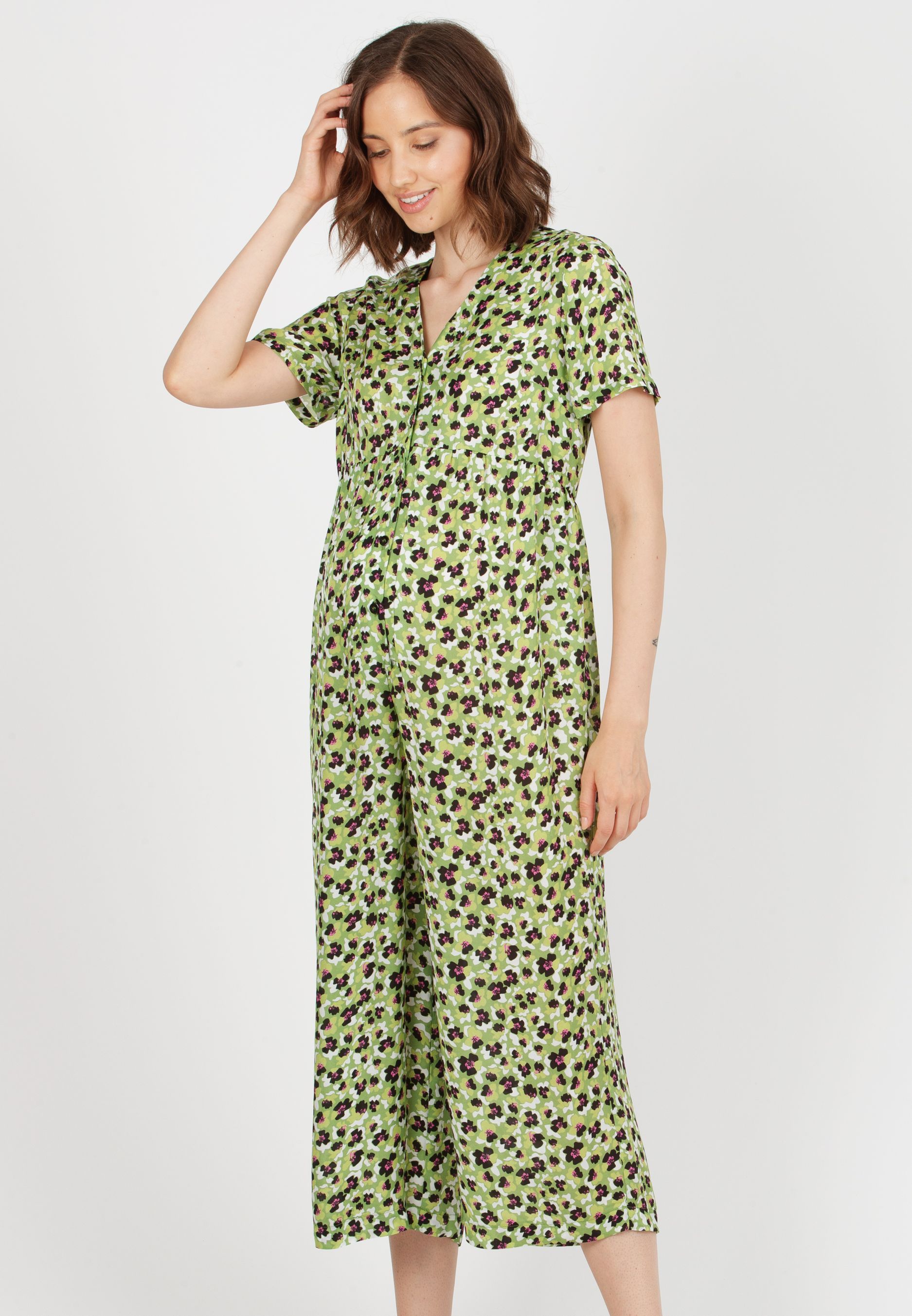 VIVIENNE F - Tuta Premaman in Crepe con Bottoni Frontali (Verde Pistacchio, XS)