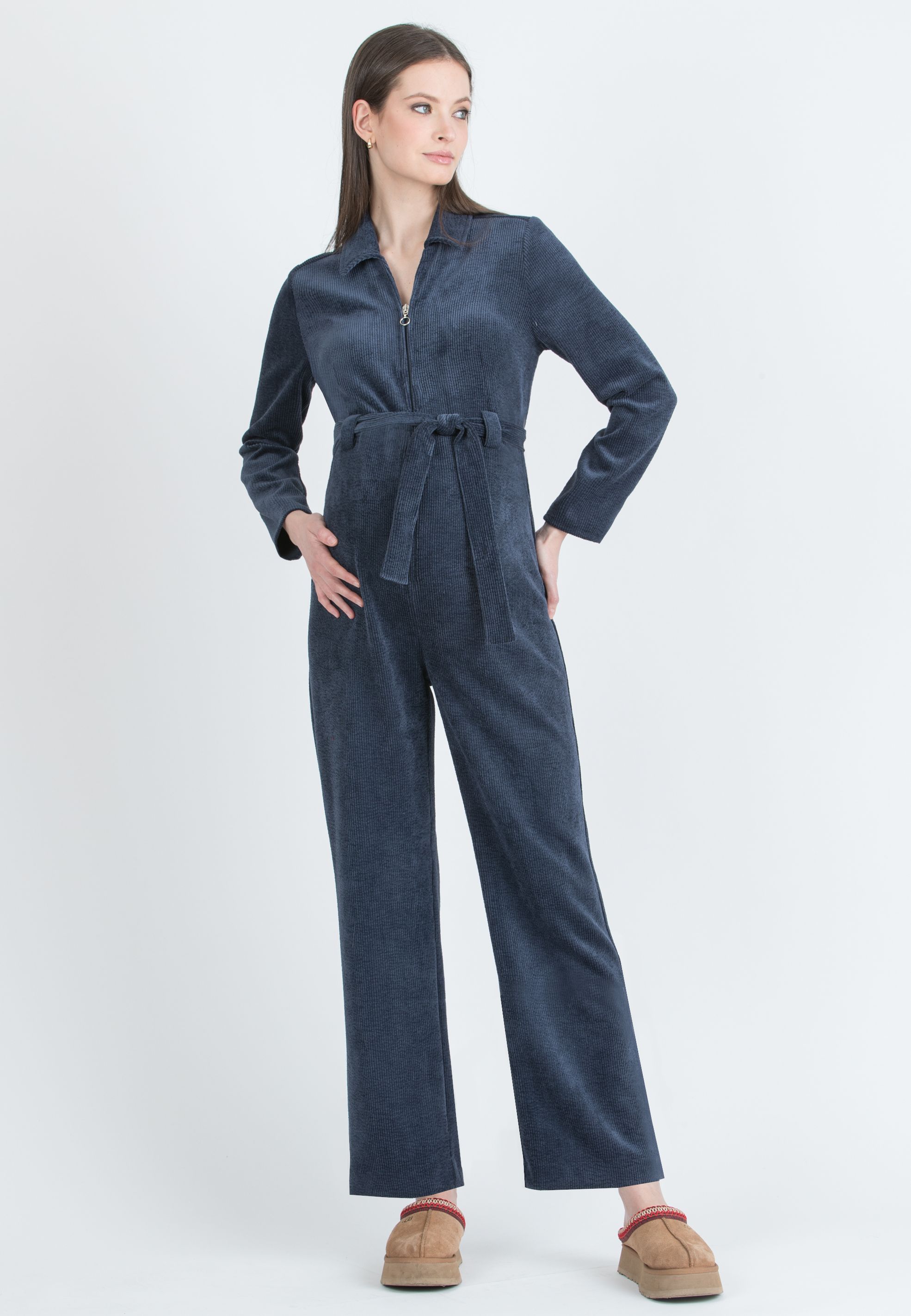 TORY – Maternity Corduroy Jumpsuit with Front Zip and Waist Belt (Blu)