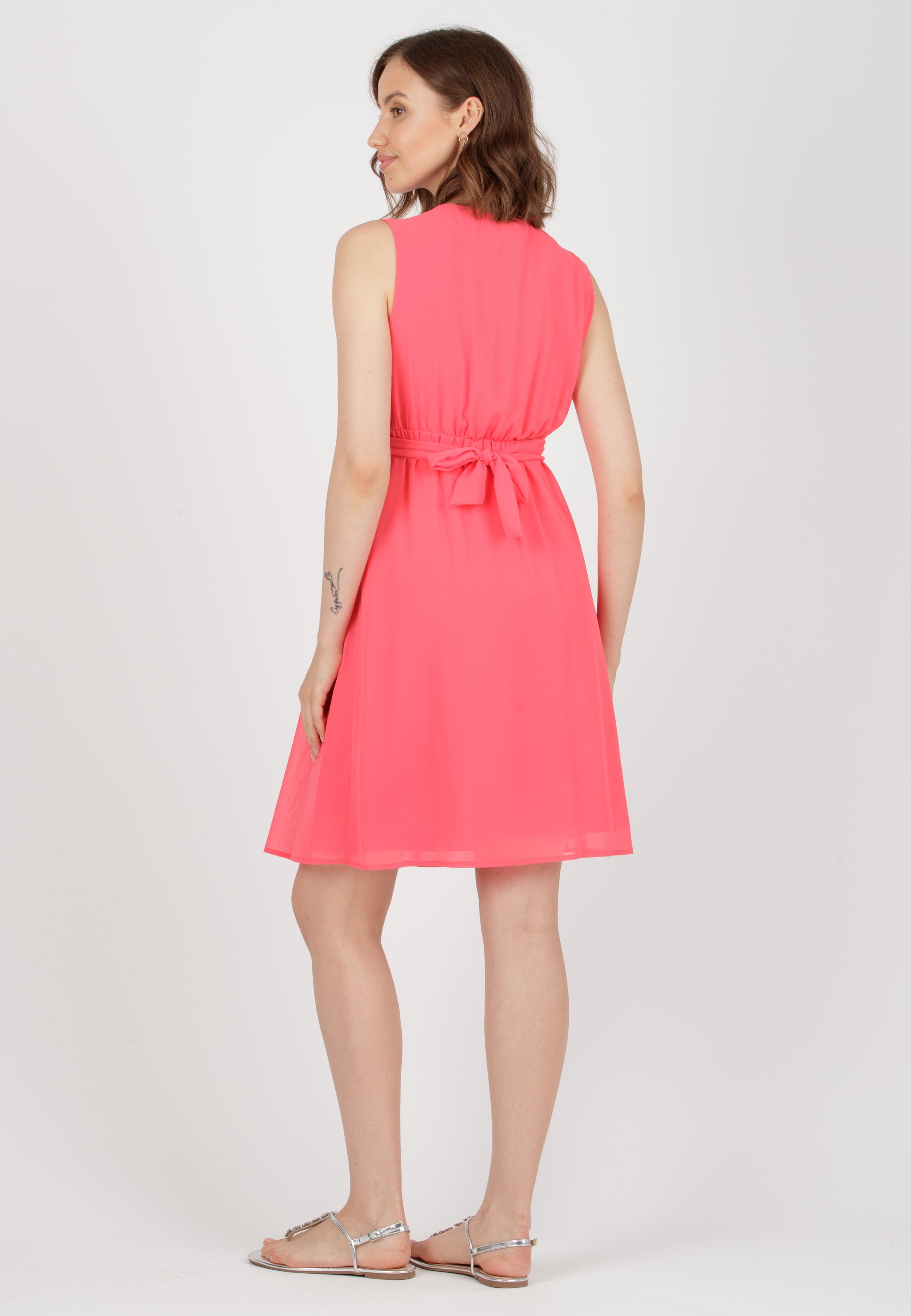 SABRINA - Maternity & Nursing Dress in Chiffon with Pleated Bodice (Coral, XS)