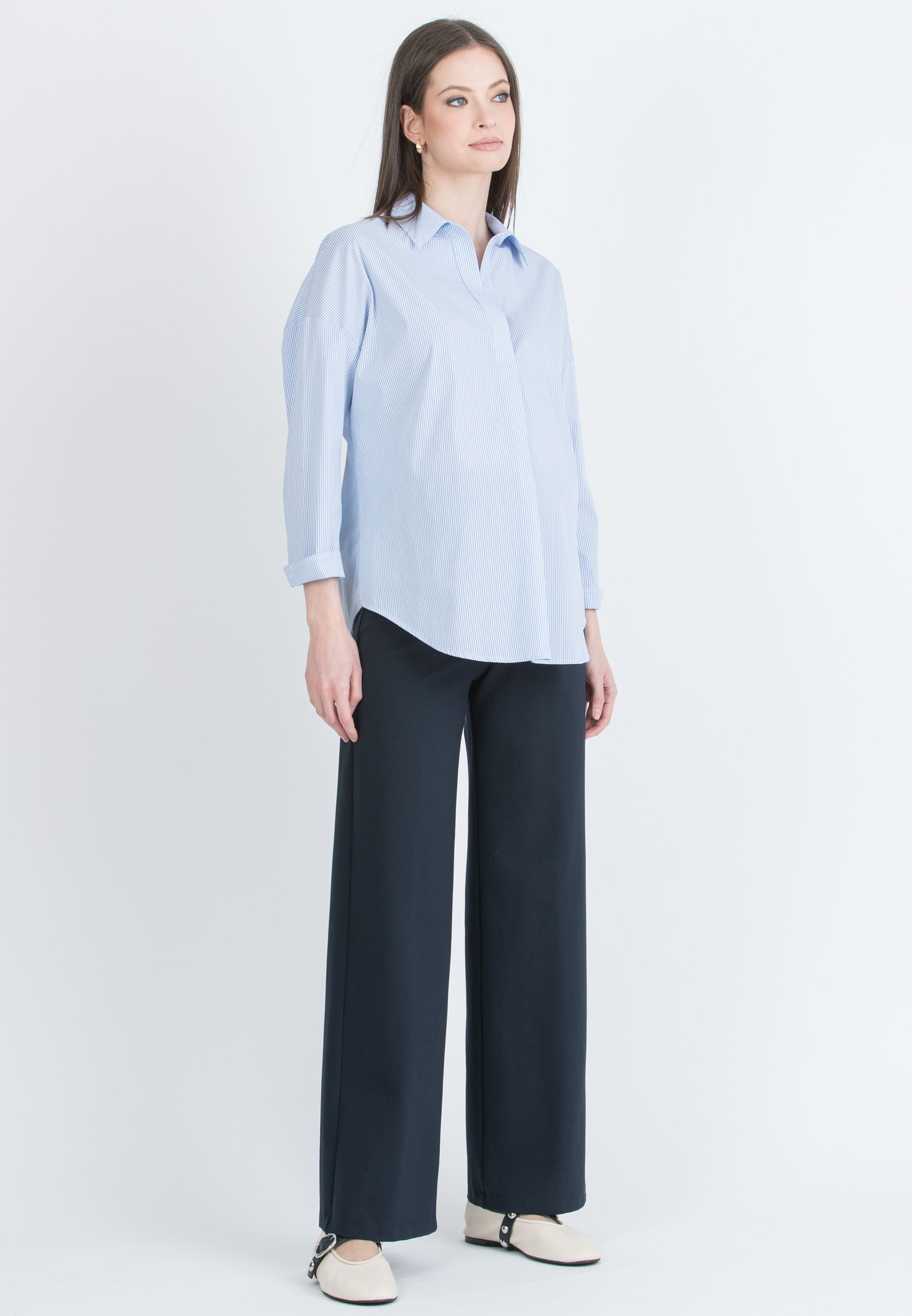 OLIVIA R - Camicia Over Premaman in Popeline di Cotone Elasticizzato a Righe (Azzurro, XS)