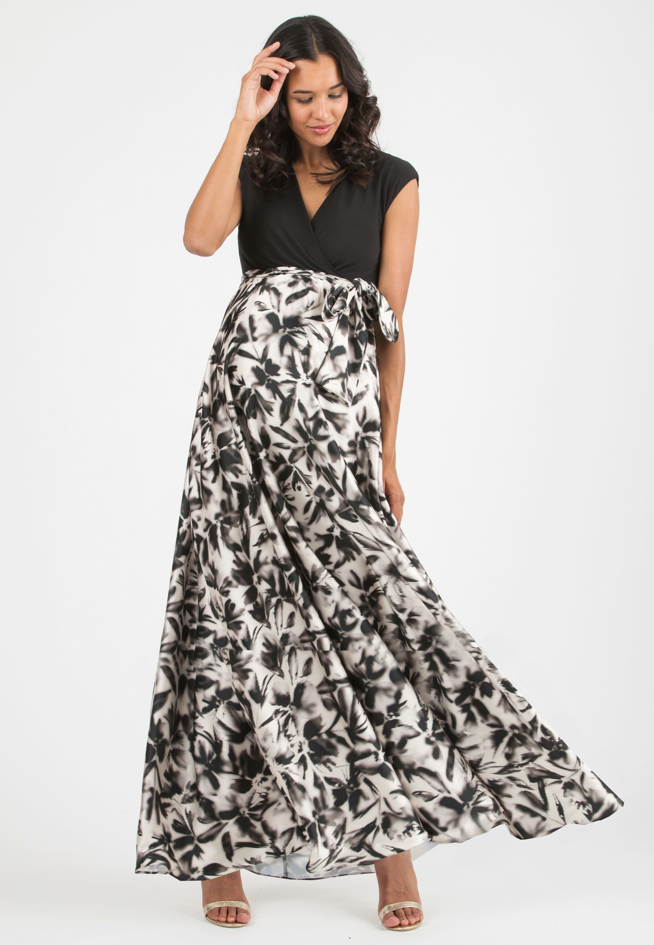 LUCREZIA - Maternity & Nursing Maxi Dress with Satin Skirt (Black, XS)