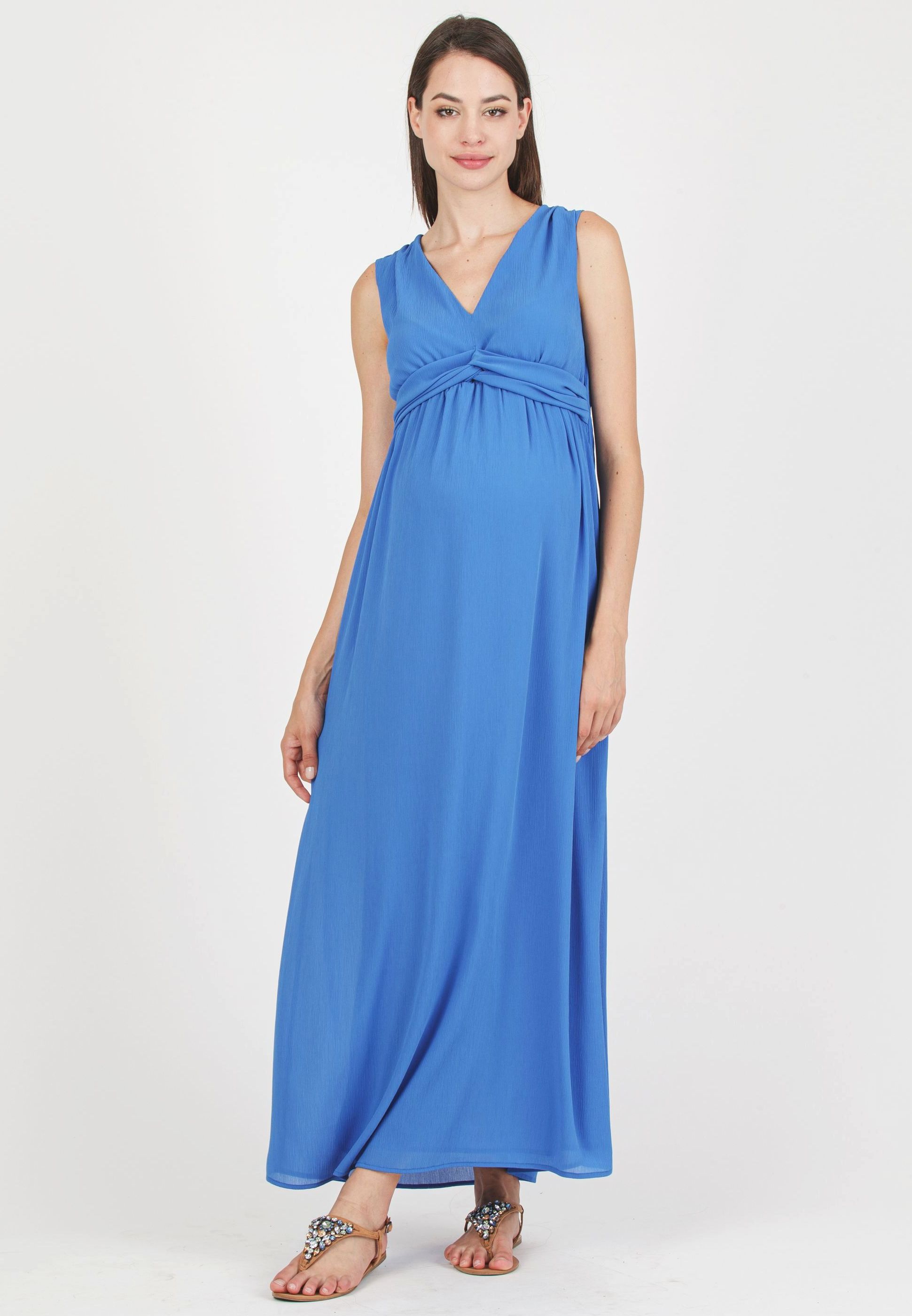 CLEO MAXI - Maxi Abito Premaman in Creponne con Fascetta Annodata (Oceano, XS)
