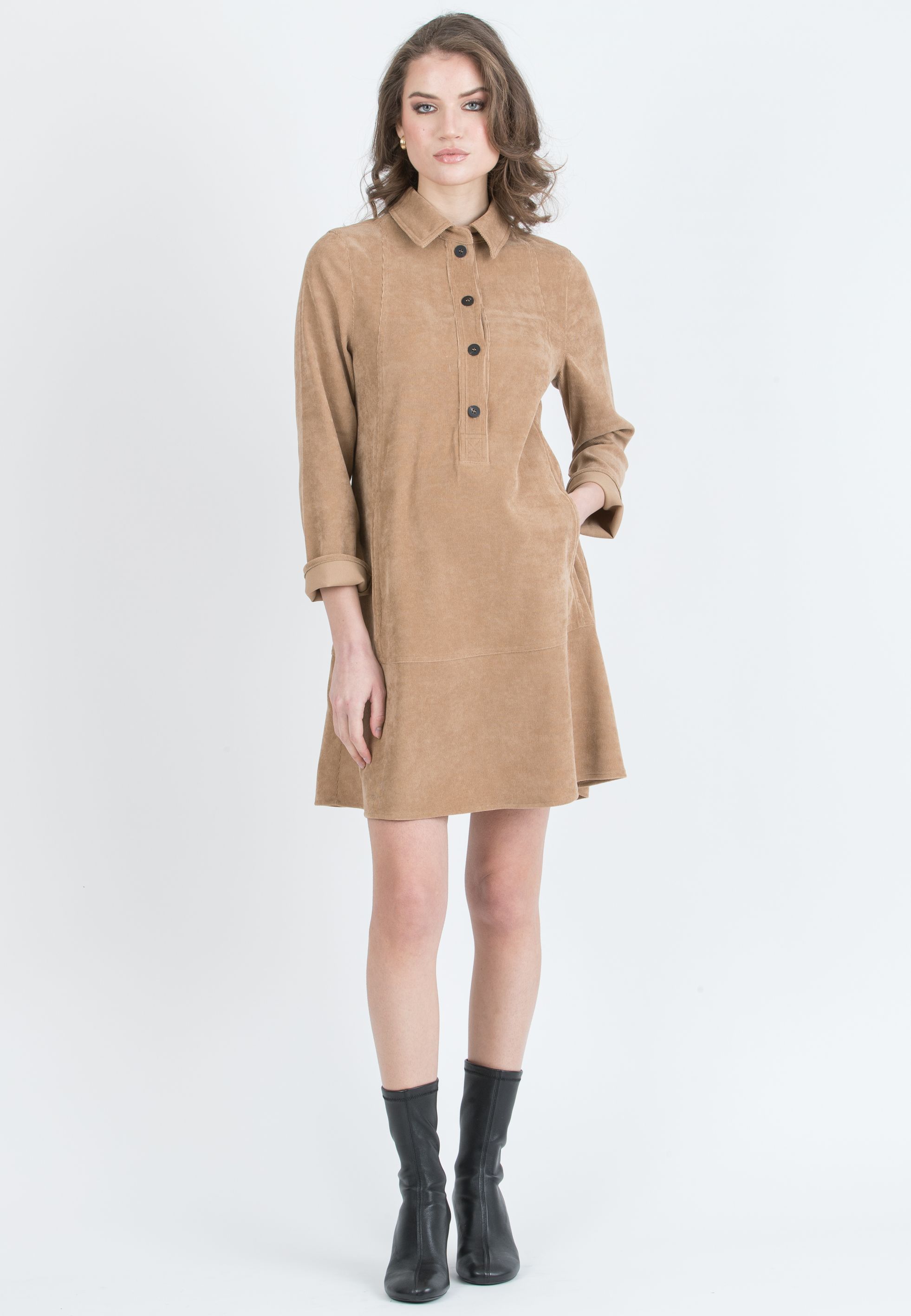 GRETA – Abito Camicia Premaman & Allattamento in Velluto (Cammello)